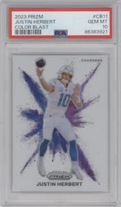 Justin Herbert from the 2023 Panini Prizm set graded by PSA and given an overall grade of 10.