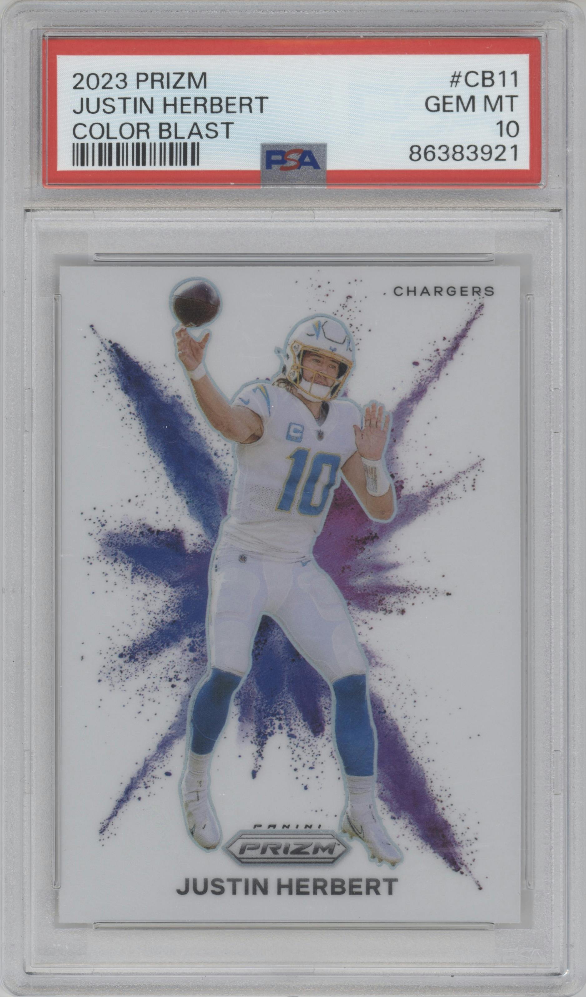 Justin Herbert from the 2023 Panini Prizm set graded by PSA and given an overall grade of 10.