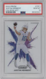 Justin Herbert from the 2023 Panini Prizm set graded by PSA and given an overall grade of 10.
