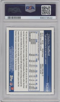 Matthew Stafford from the 2009 Topps Chrome set featuring a Blue Refractor parallel graded by PSA and given an overall grade of 10.