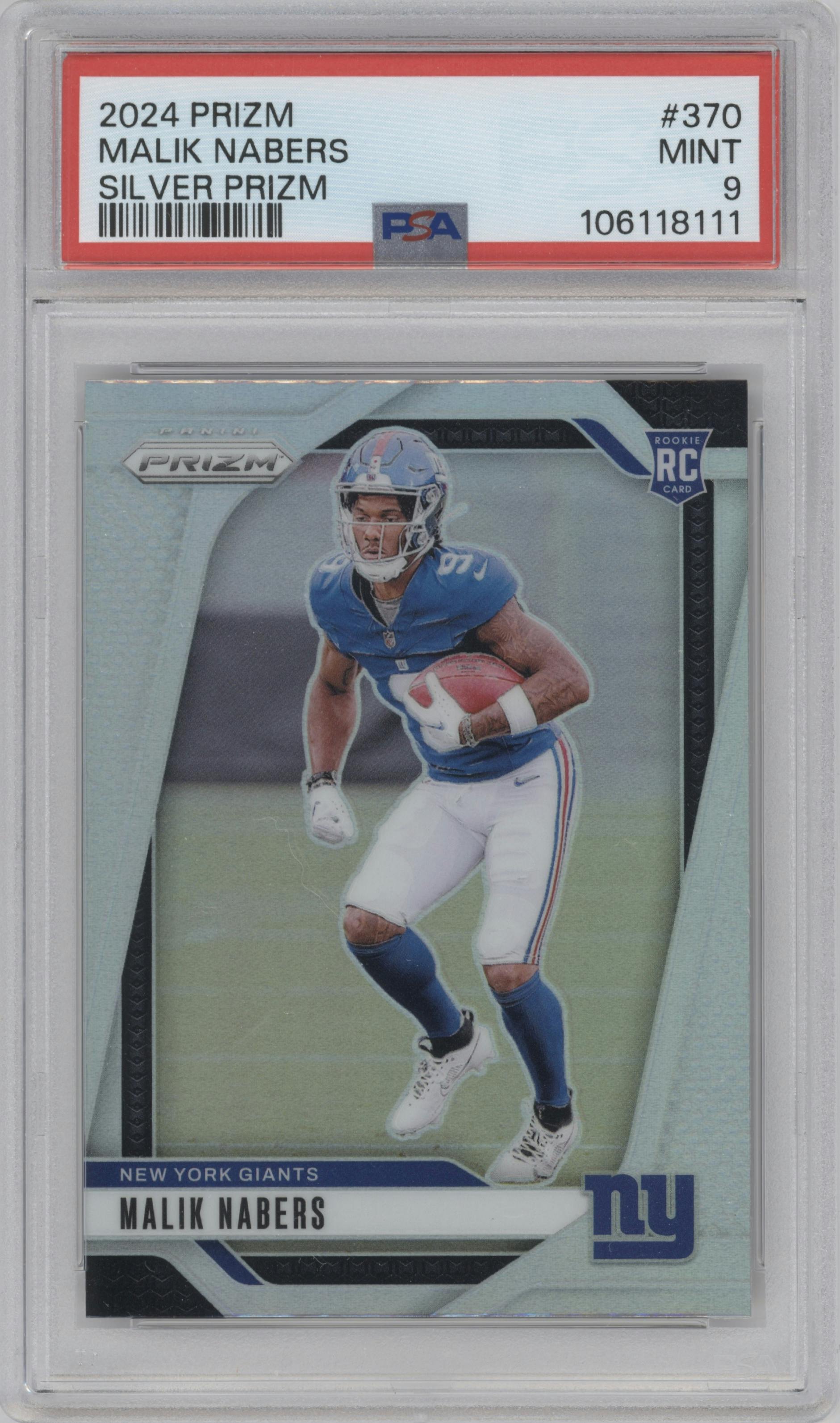 Malik Nabers from the 2024 Panini Prizm set featuring a Silver Prizm parallel graded by PSA and given an overall grade of 9.