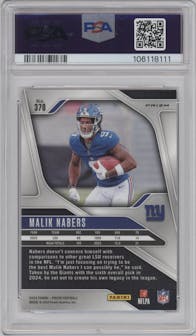 Malik Nabers from the 2024 Panini Prizm set featuring a Silver Prizm parallel graded by PSA and given an overall grade of 9.