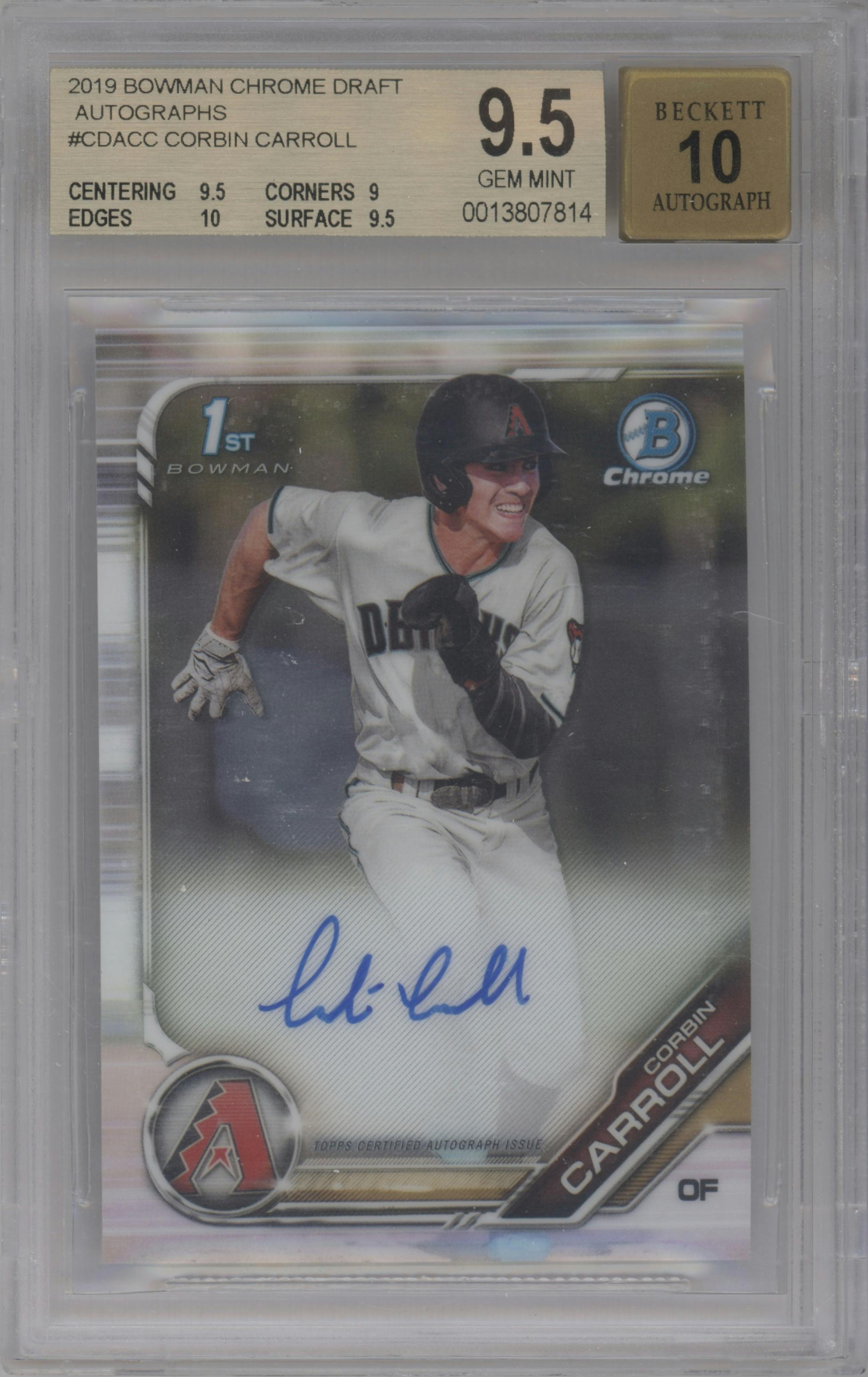Corbin Carroll from the 2019 Bowman Draft set graded by Beckett and given an overall grade of 9.5.