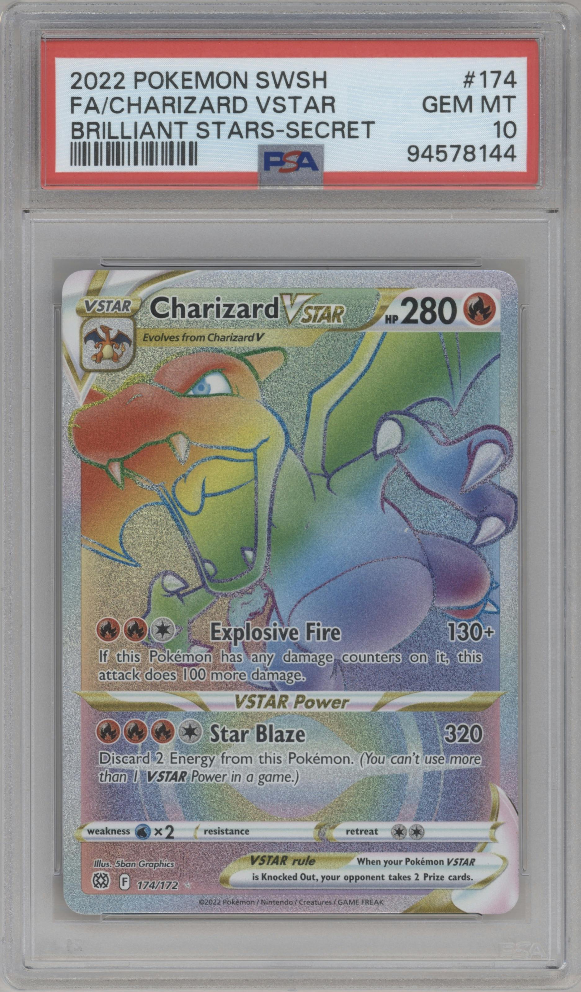 Charizard VSTAR from the 2022 Pokemon SWSH set graded by PSA and given an overall grade of 10.