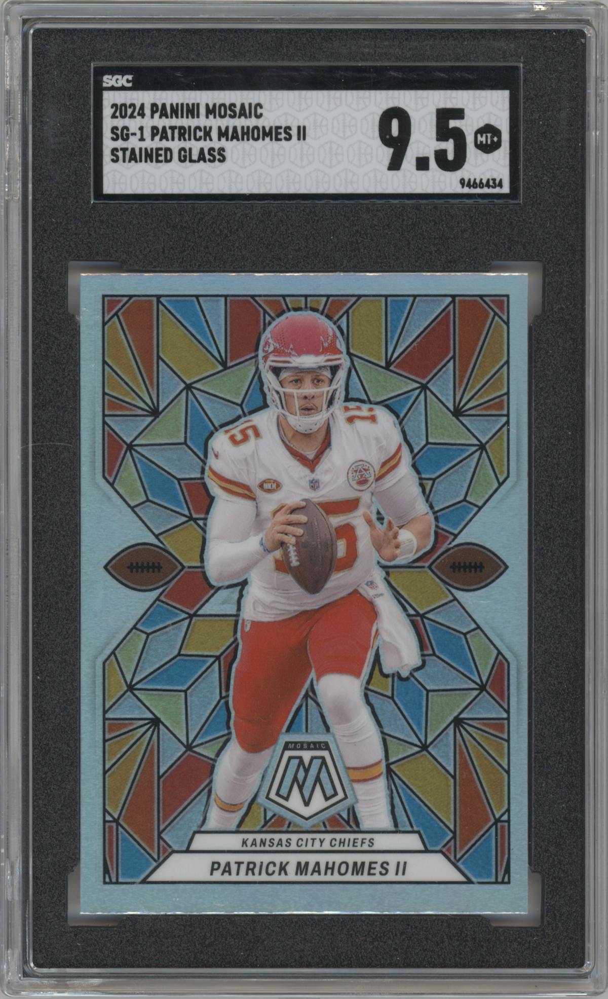 Patrick Mahomes II from the 2024 Panini Mosaic set graded by SGC and given an overall grade of 9.5.