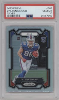 Dalton Kincaid from the 2023 Panini Prizm set featuring a Silver Prizm parallel graded by PSA and given an overall grade of 10.