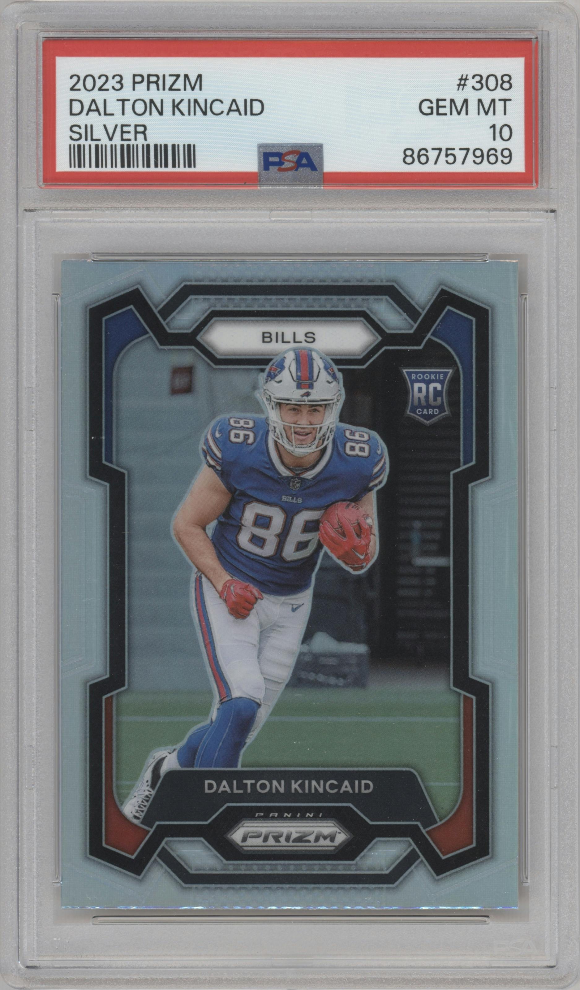 Dalton Kincaid from the 2023 Panini Prizm set featuring a Silver Prizm parallel graded by PSA and given an overall grade of 10.