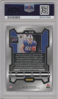 Dalton Kincaid from the 2023 Panini Prizm set featuring a Silver Prizm parallel graded by PSA and given an overall grade of 10.
