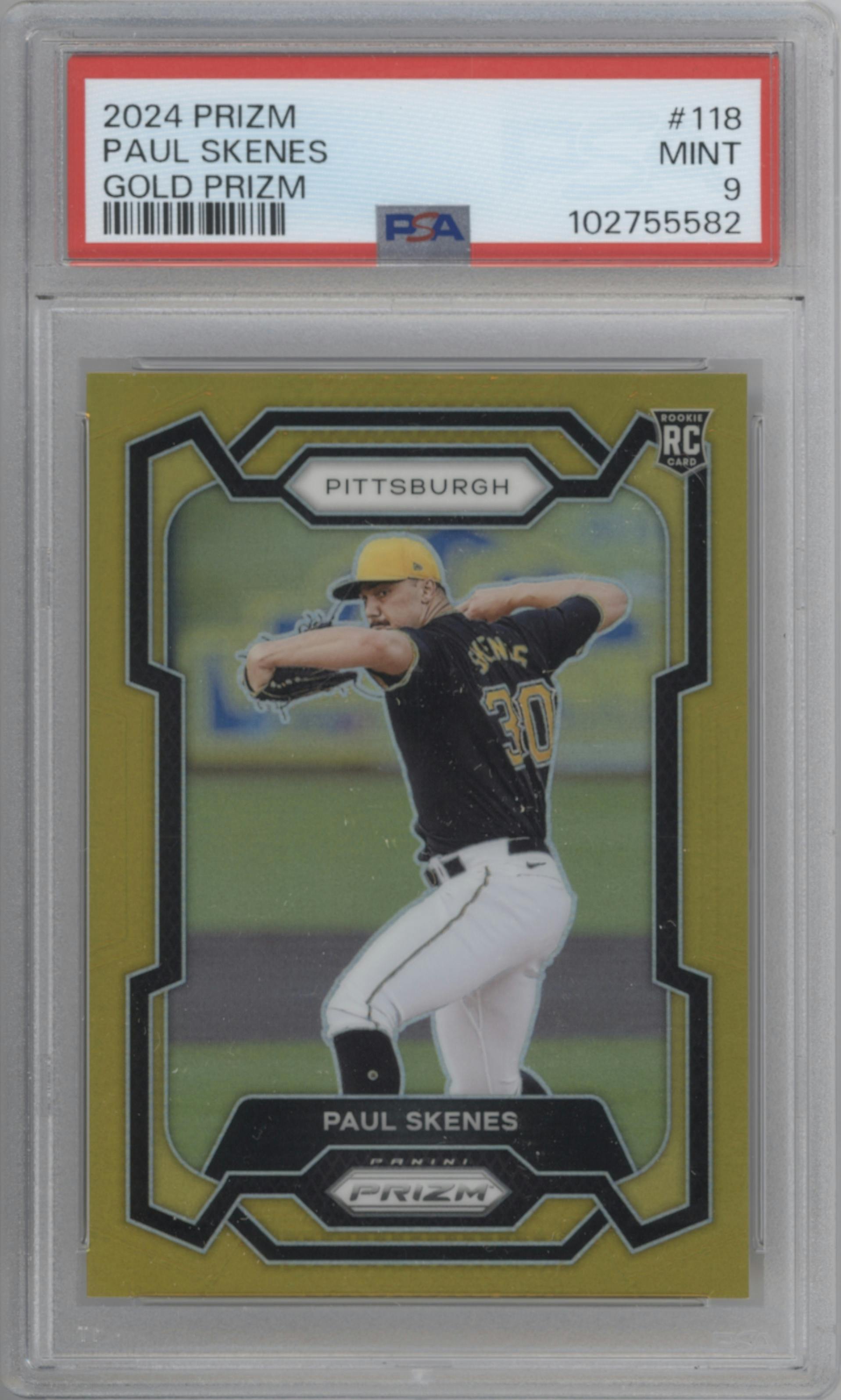 Paul Skenes from the 2024 Panini Prizm set featuring a Gold Prizm parallel graded by PSA and given an overall grade of 9.