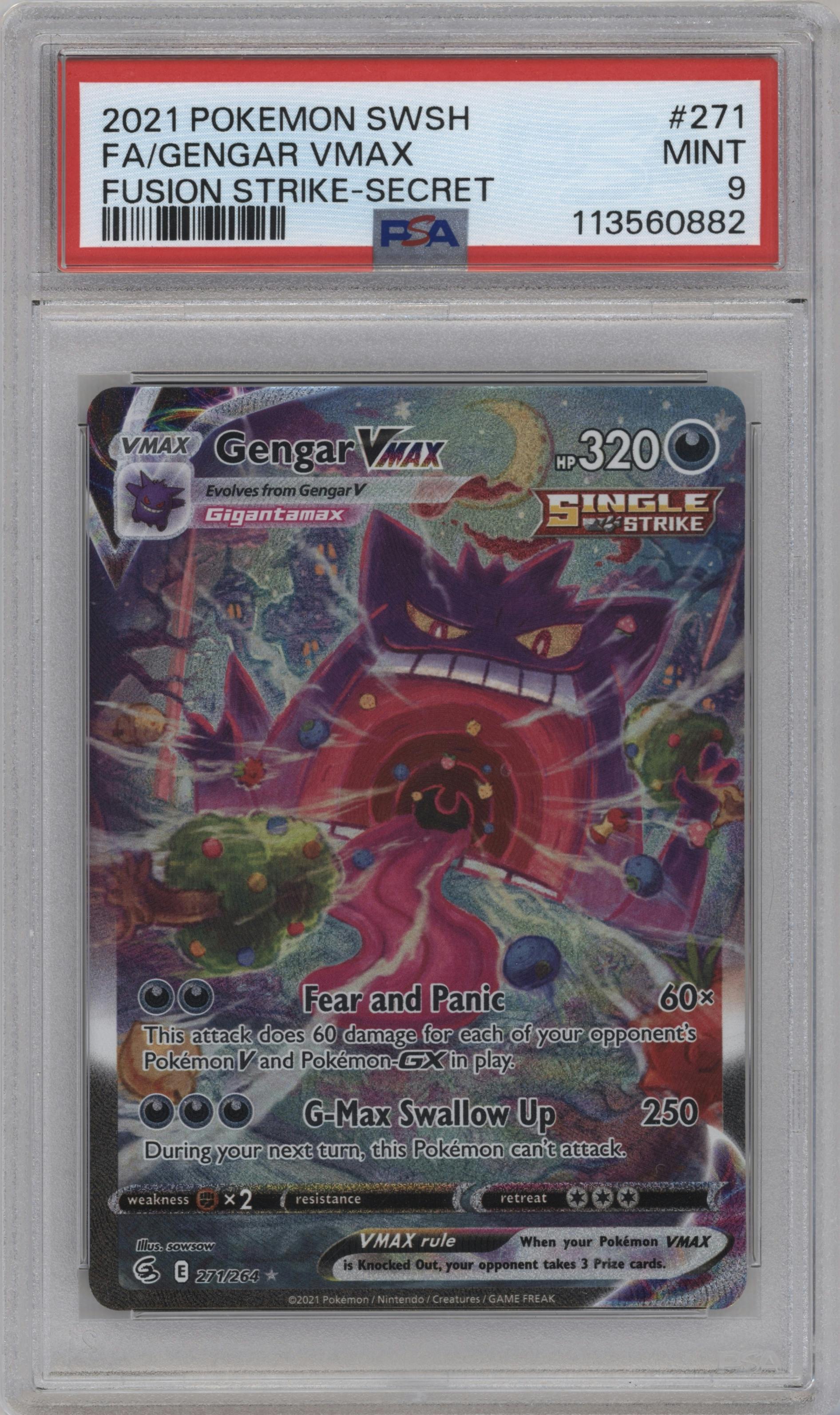 Gengar VMAX from the 2021 Pokemon SWSH set graded by PSA and given an overall grade of 9.