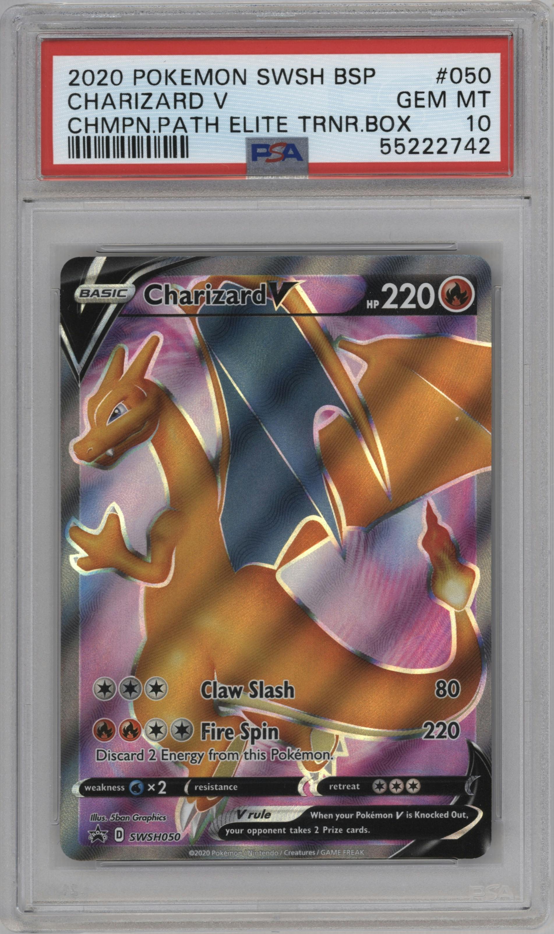 Charizard V from the 2020 Pokemon SWSH set featuring a Champion's Path ETB parallel graded by PSA and given an overall grade of 10.