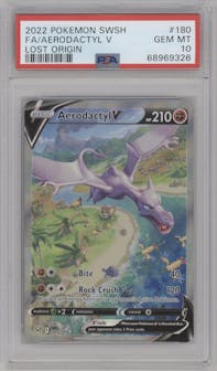 Aerodactyl V from the 2022 Pokemon SWSH set graded by PSA and given an overall grade of 10.