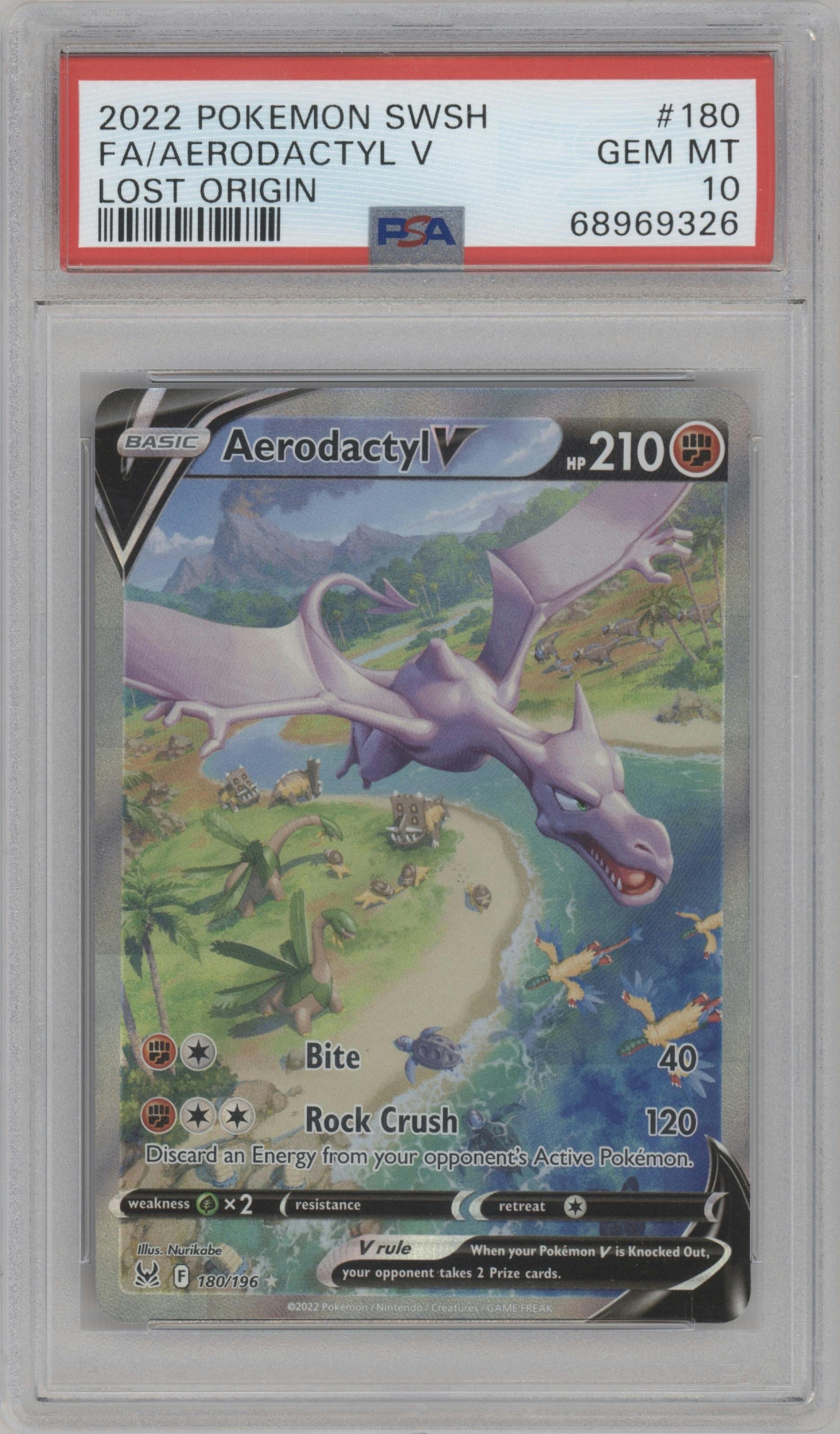 Aerodactyl V from the 2022 Pokemon SWSH set graded by PSA and given an overall grade of 10.