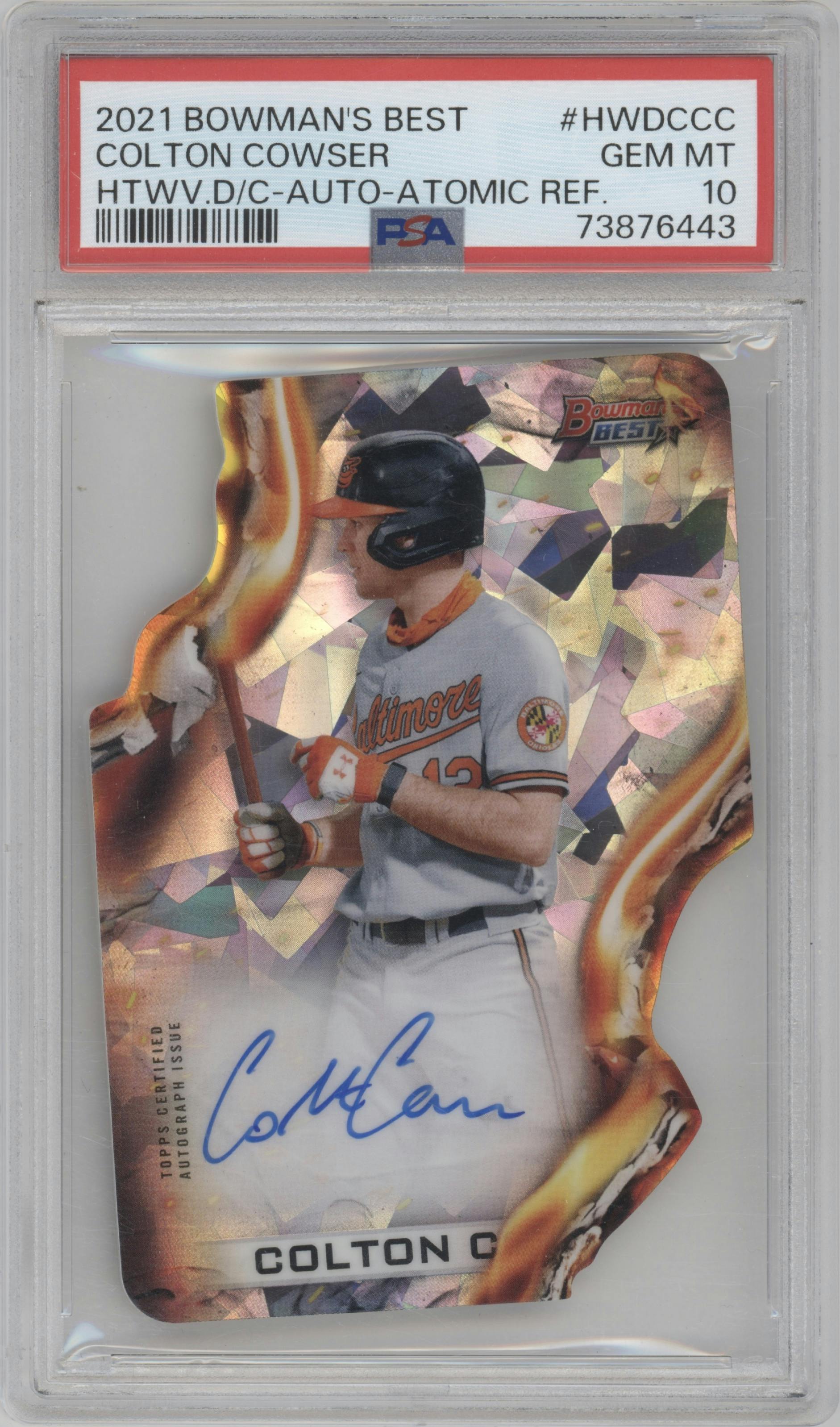 Colton Cowser from the 2021 Bowman’s Best set featuring a Atomic Refractor parallel graded by PSA and given an overall grade of 10.