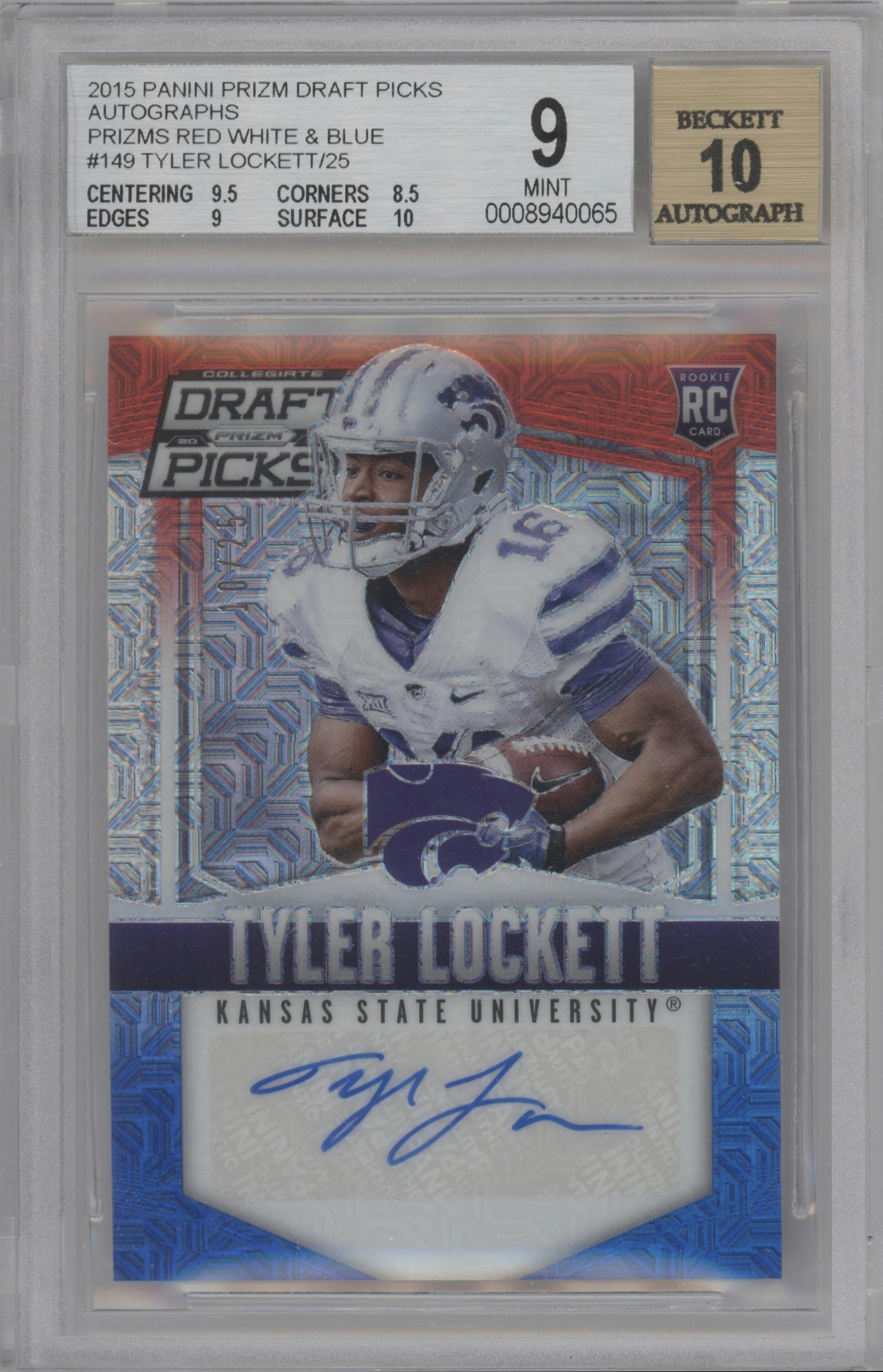 Tyler Lockett from the 2015 Panini Prizm Collegiate Draft Picks set featuring a Red White and Blue Mojo Prizms parallel graded by Beckett and given an overall grade of 9.
