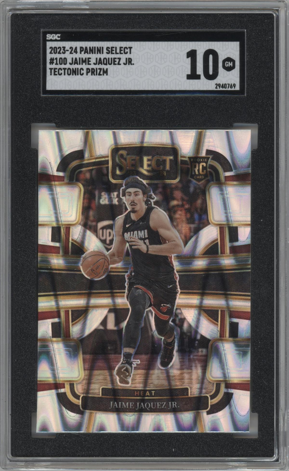 Jaime Jaquez Jr. from the 2023-24 Panini Select  set featuring a Tectonic parallel graded by SGC and given an overall grade of 10.