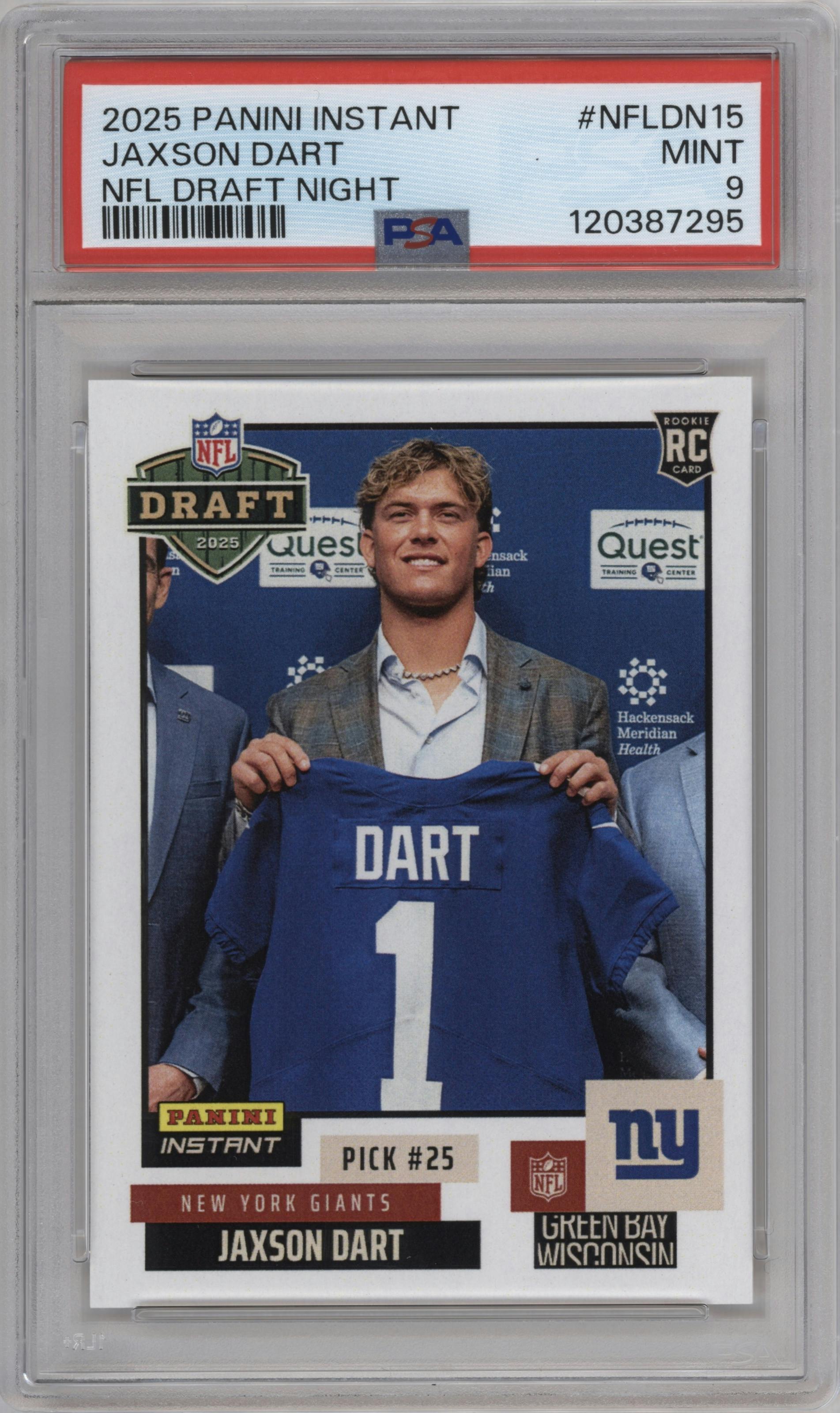 Jaxson Dart from the 2025 Panini Instant NFL Draft Night set graded by PSA and given an overall grade of 9.
