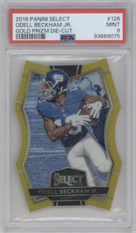 Odell Beckham Jr. from the 2016 Panini Select set featuring a Die-Cut Gold Prizm parallel graded by PSA and given an overall grade of 9.