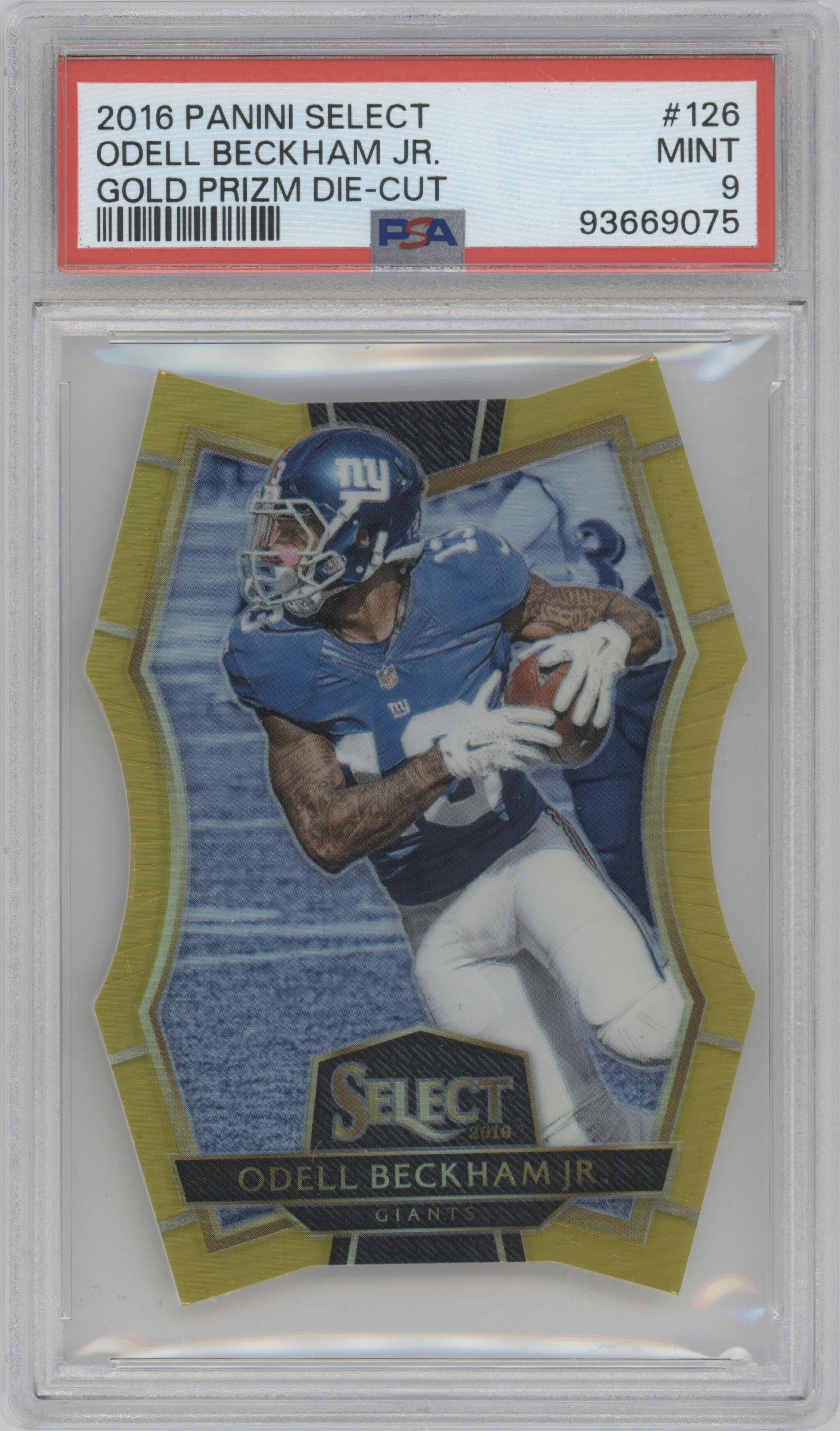 Odell Beckham Jr. from the 2016 Panini Select set featuring a Die-Cut Gold Prizm parallel graded by PSA and given an overall grade of 9.
