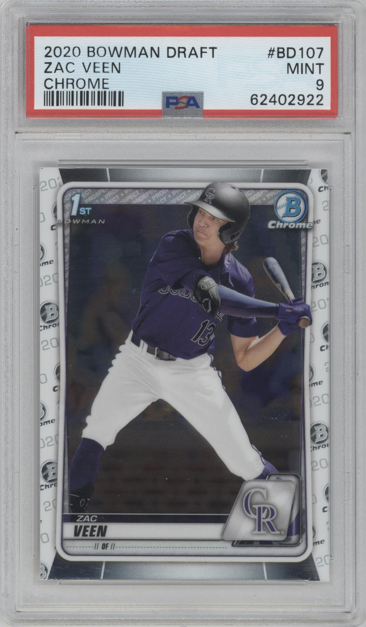 Zac Veen from the 2020 Bowman Draft set graded by PSA and given an overall grade of 9.