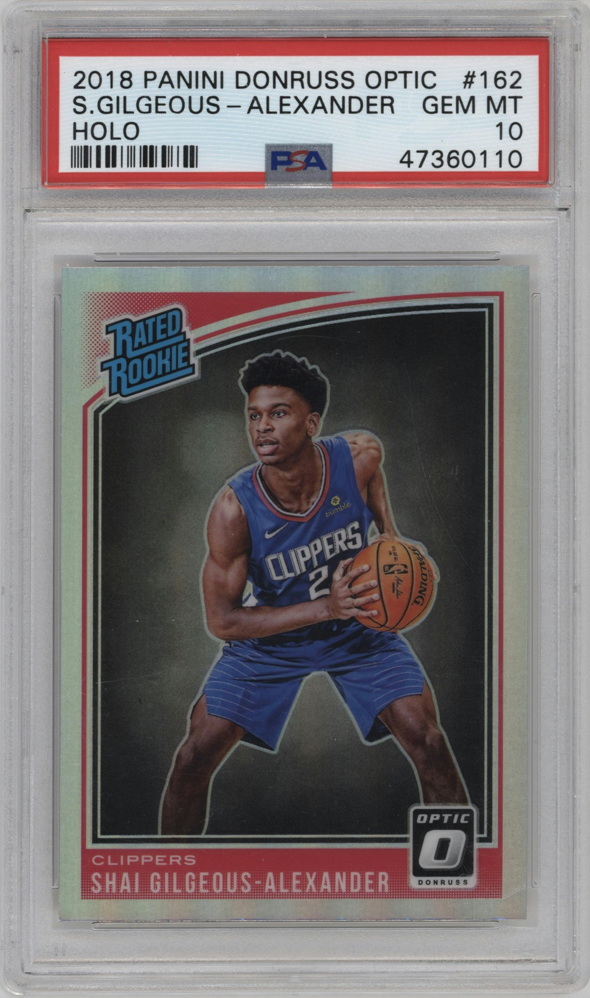 Shai Gilgeous-Alexander from the 2018-19 Panini Donruss Optic set featuring a Holo parallel graded by PSA and given an overall grade of 10.