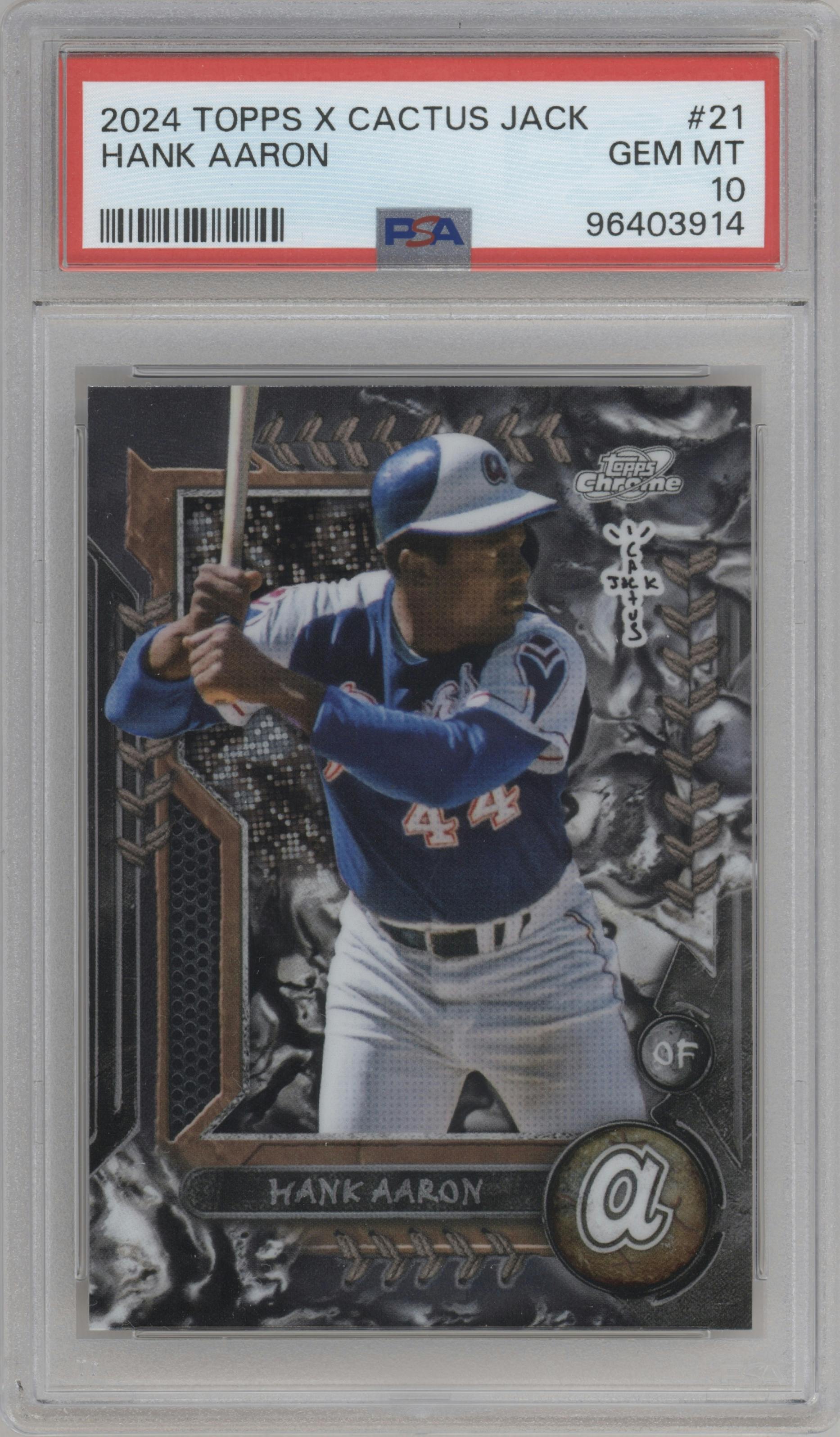 Hank Aaron from the 2024 Topps Cosmic Chrome x Cactus Jack set graded by PSA and given an overall grade of 10.