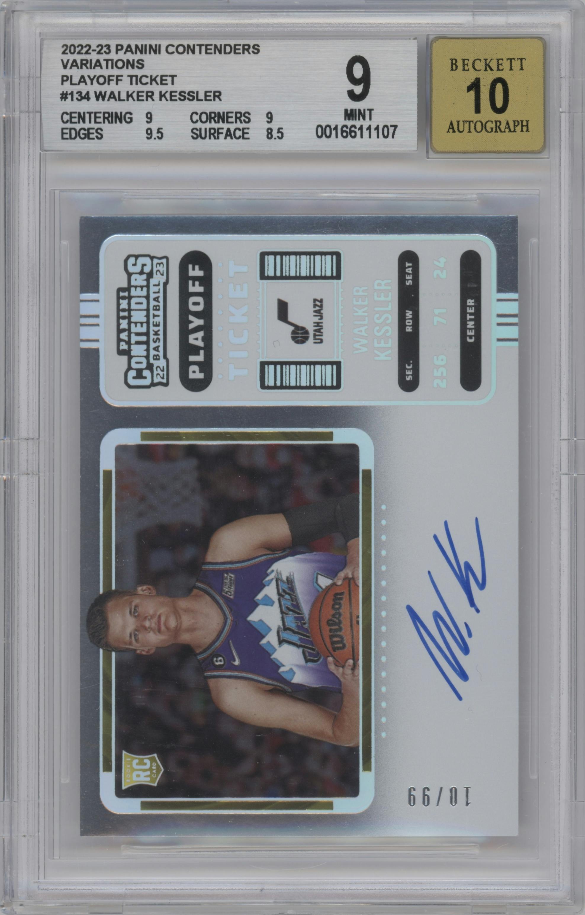 Walker Kessler from the 2022-23 Panini Contenders set featuring a Playoff parallel graded by Beckett and given an overall grade of 9.