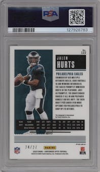Jalen Hurts from the 2020 Panini Contenders Optic set featuring a Green Pulsar parallel graded by PSA and given an overall grade of 9.