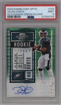 Jalen Hurts from the 2020 Panini Contenders Optic set featuring a Green Pulsar parallel graded by PSA and given an overall grade of 9.