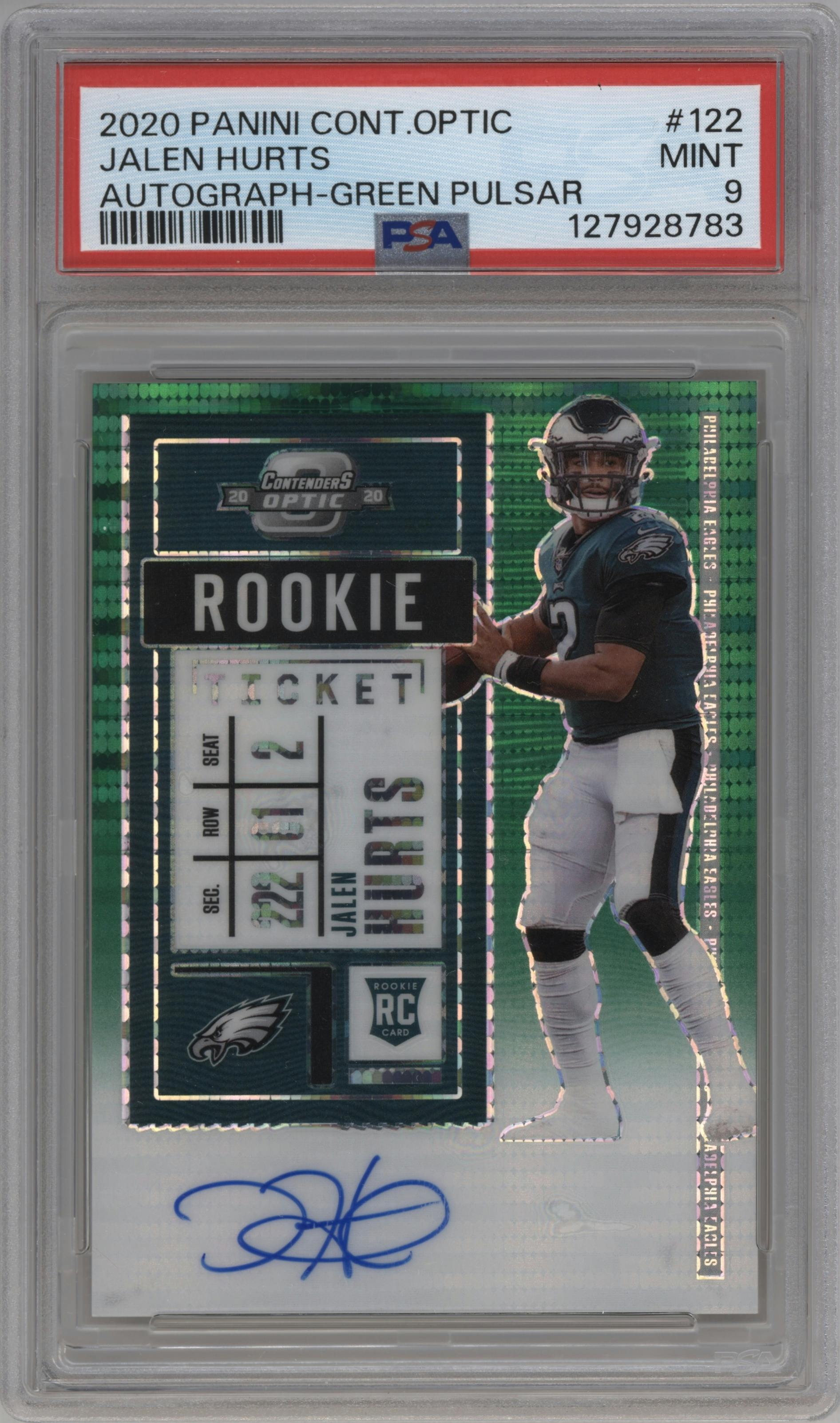 Jalen Hurts from the 2020 Panini Contenders Optic set featuring a Green Pulsar parallel graded by PSA and given an overall grade of 9.