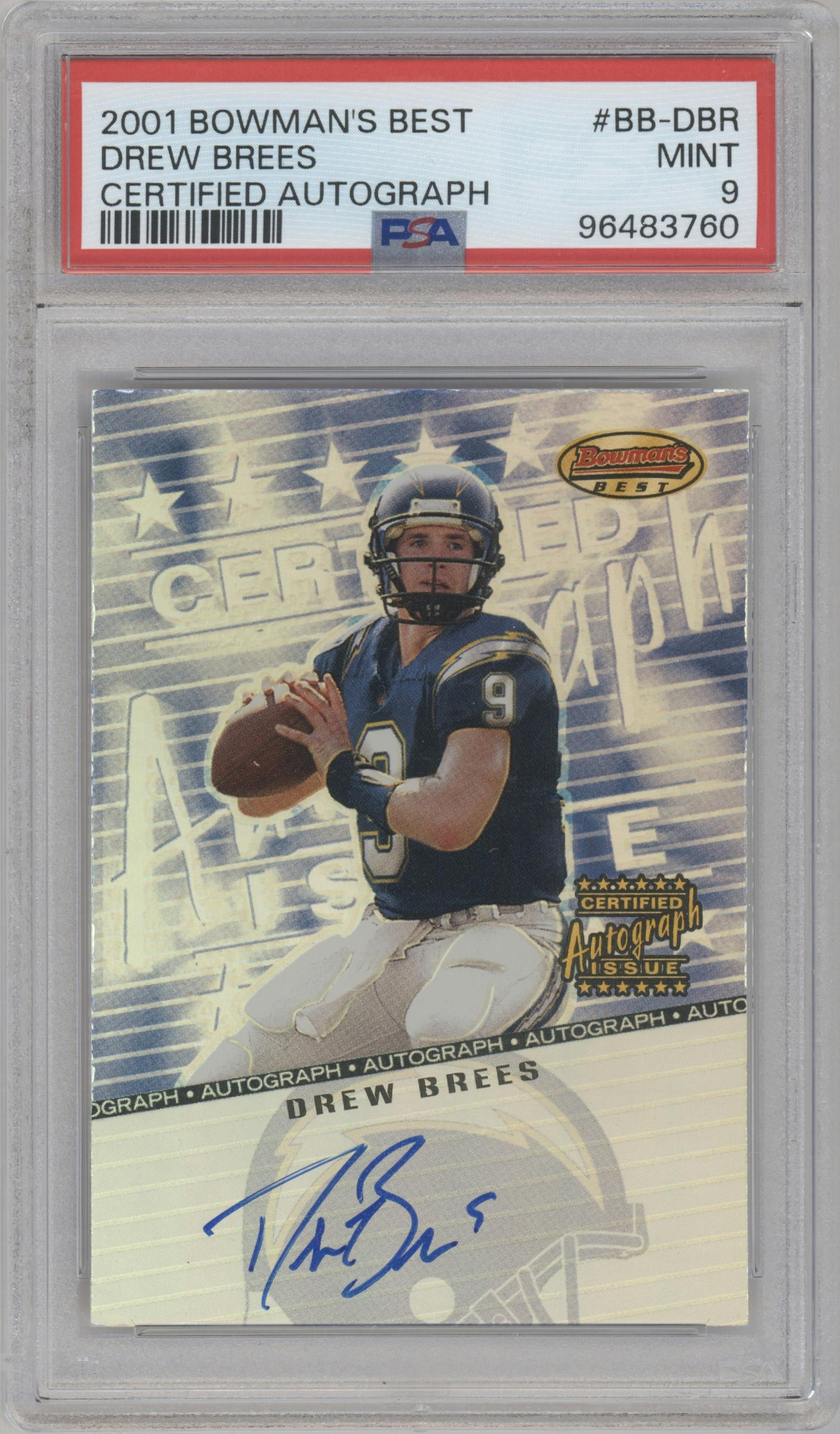 Drew Brees from the 2001 Bowman's Best set graded by PSA and given an overall grade of 9.