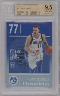 Luka Doncic from the 2018-19 Panini Chronicles set featuring a Blue parallel graded by Beckett and given an overall grade of 9.5.