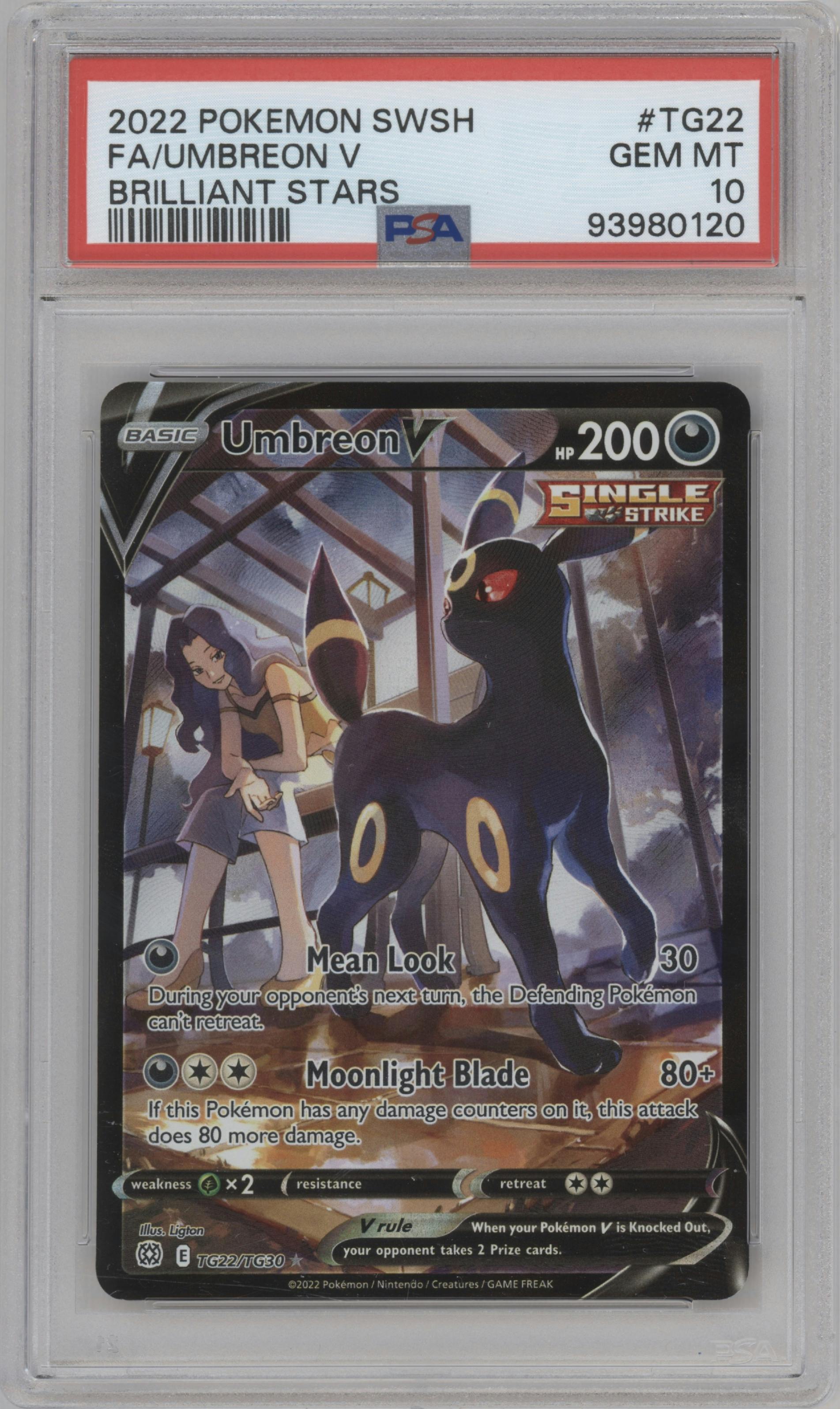 Umbreon V from the 2022 Pokemon SWSH set graded by PSA and given an overall grade of 10.