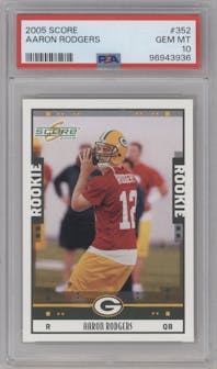 Aaron Rodgers from the 2005 Score set graded by PSA and given an overall grade of 10.