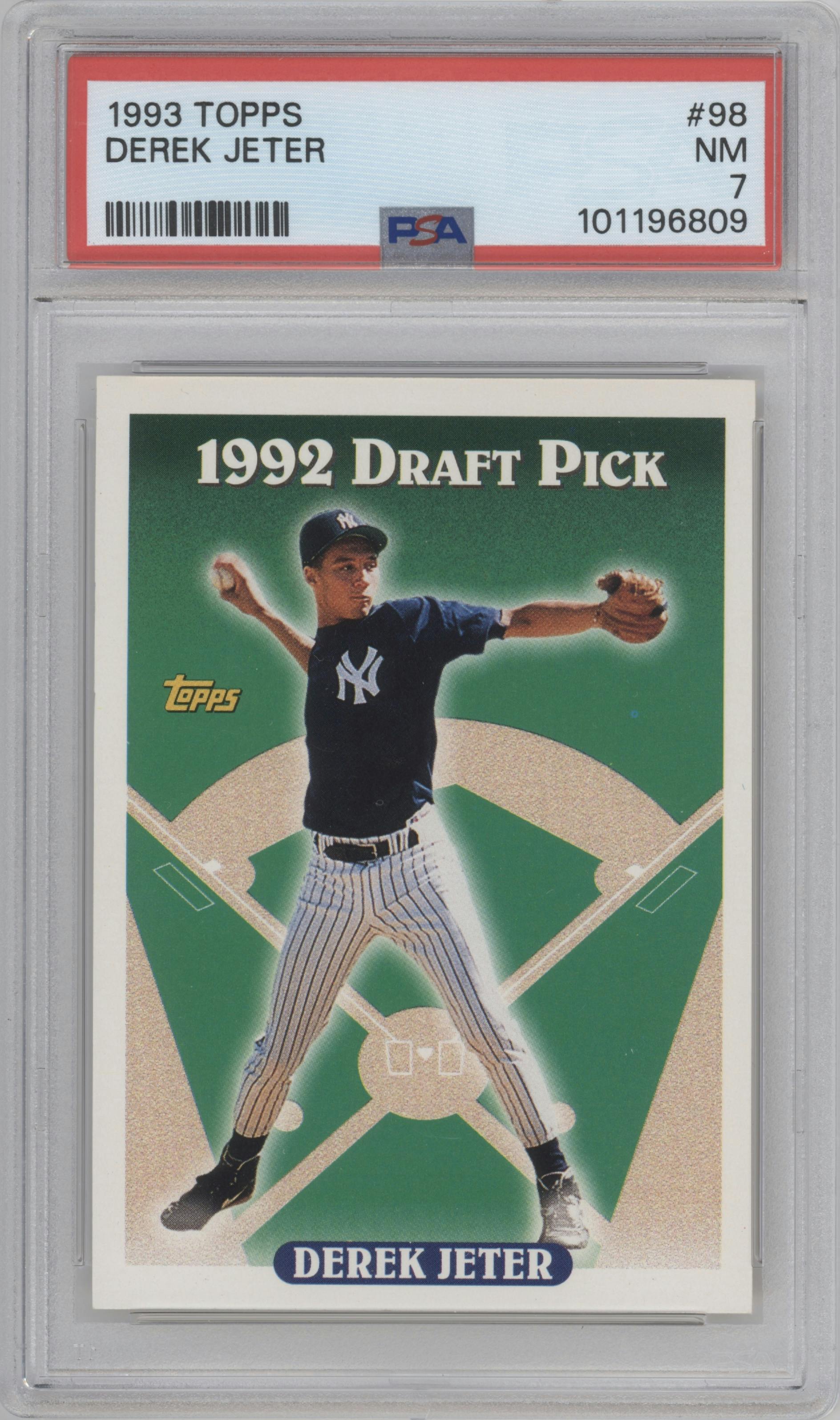 Derek Jeter from the 1993 Topps set graded by PSA and given an overall grade of 7.