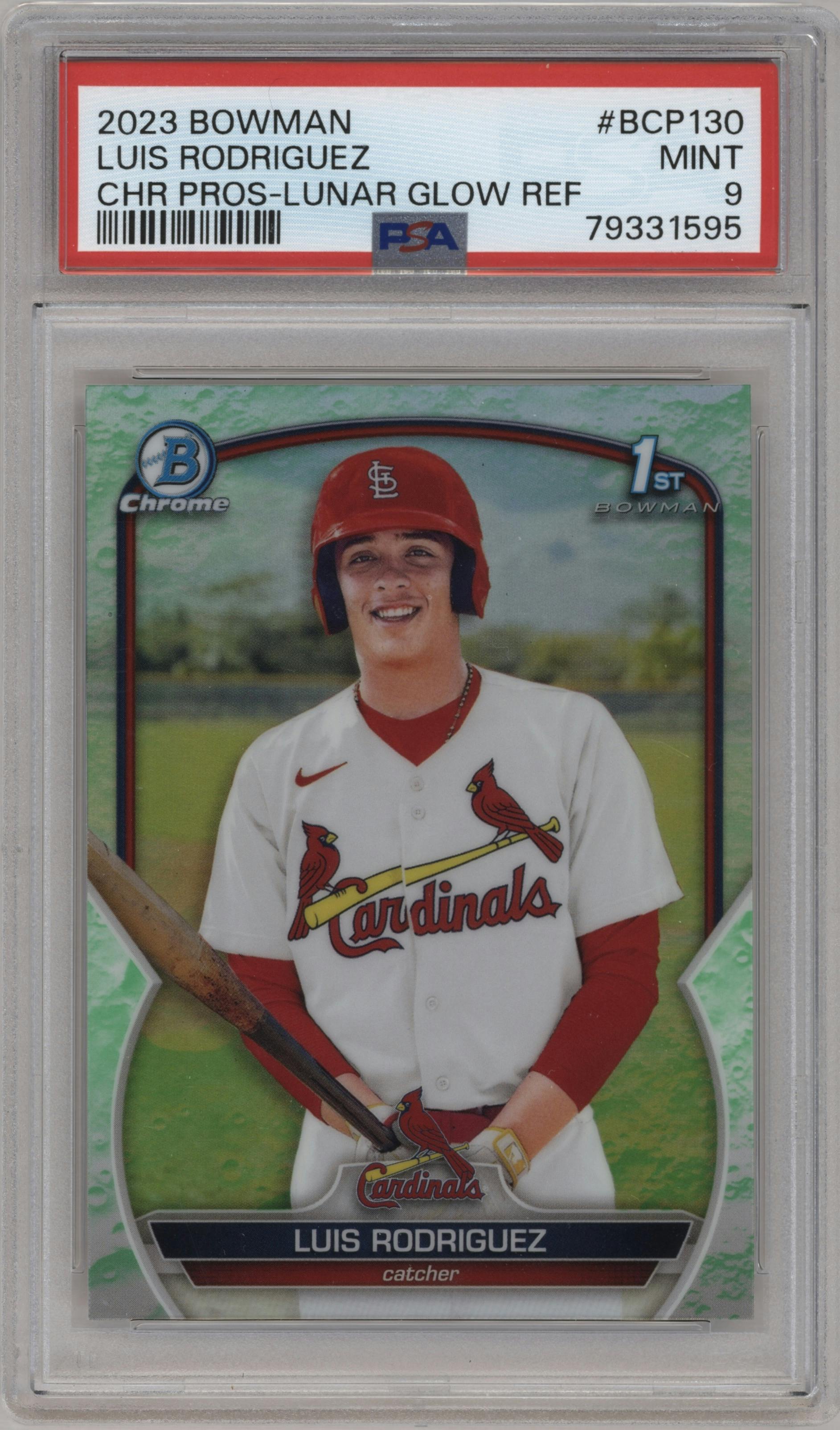 Luis Rodriguez from the 2023 Bowman  set featuring a Lunar Glow Refractor  parallel graded by PSA and given an overall grade of 9.