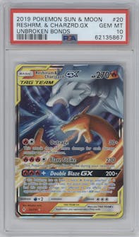 Reshiram/Charizard GX from the 2019 Pokemon S&M  set graded by PSA and given an overall grade of 10.