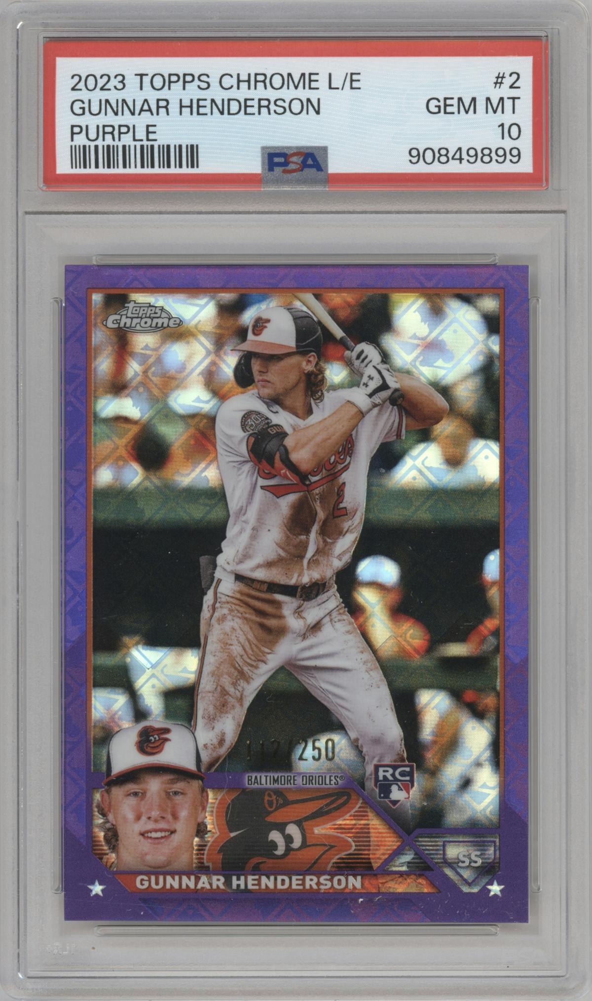 Gunnar Henderson from the 2023 Topps Chrome Logofractor Edition set featuring a Purple Refractor parallel graded by PSA and given an overall grade of 10.