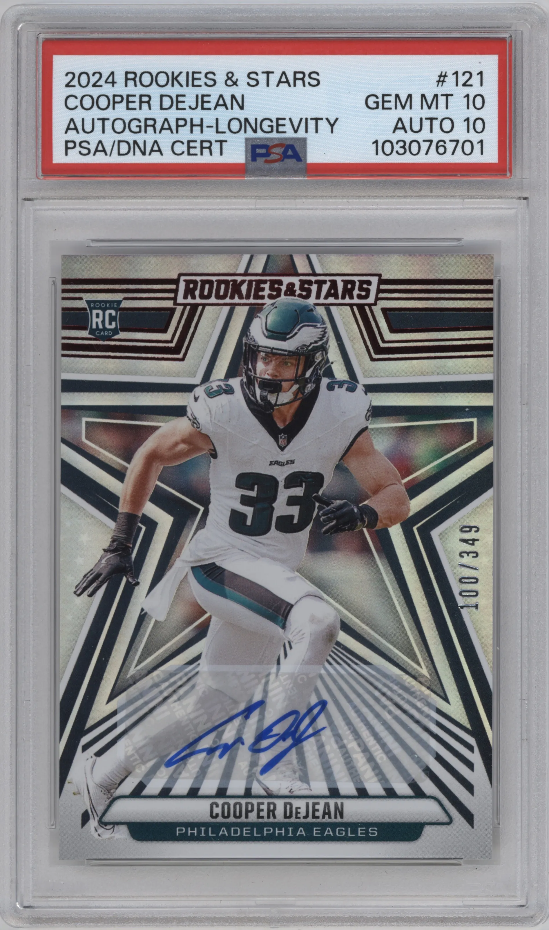 2024 Panini Rookies & Stars Rke.Sig Cooper DeJean Longevity PSA 10