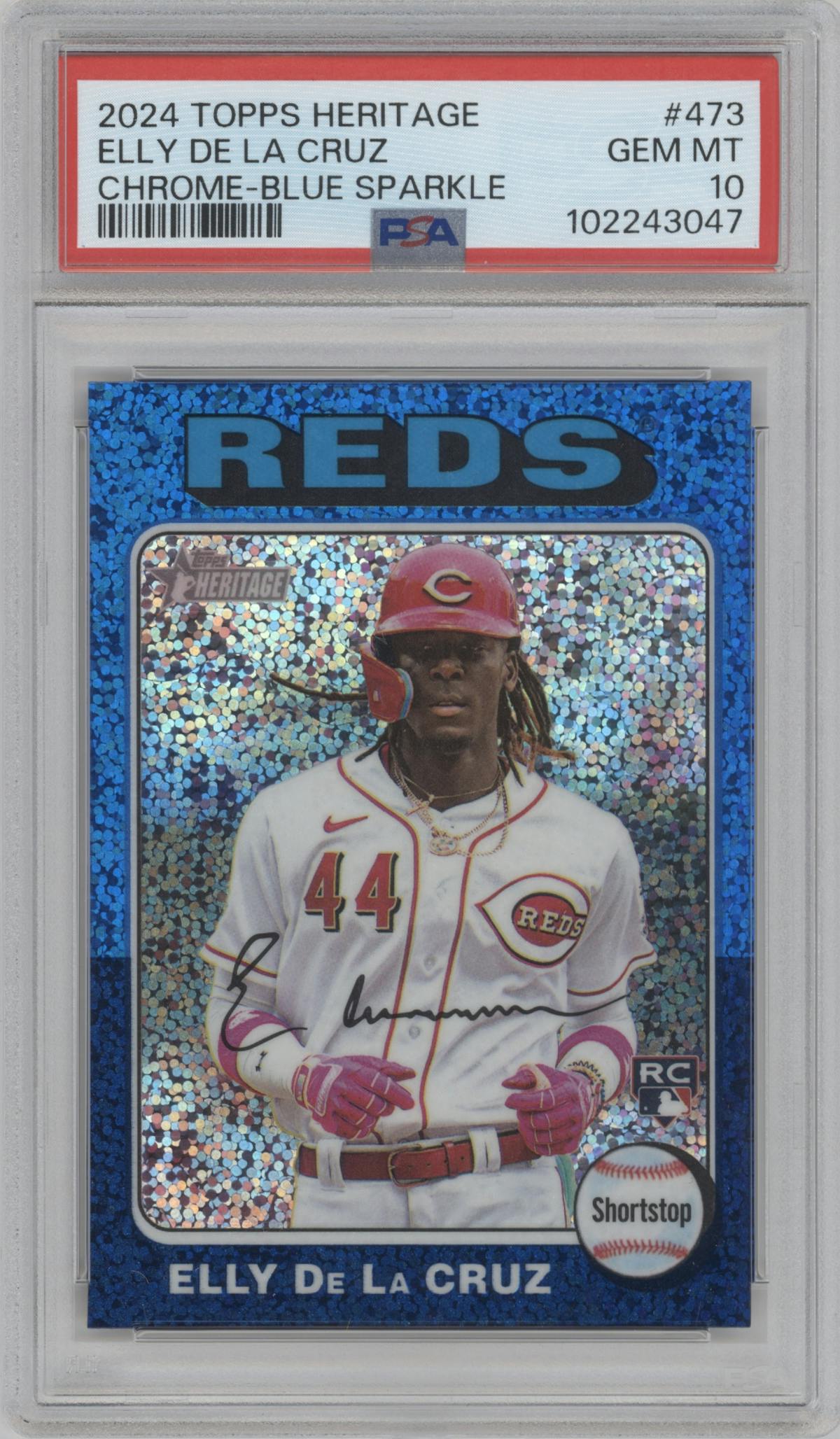 Elly De La Cruz from the 2024 Topps Heritage set featuring a Chrome Blue Sparkle Refractor parallel graded by PSA and given an overall grade of 10.