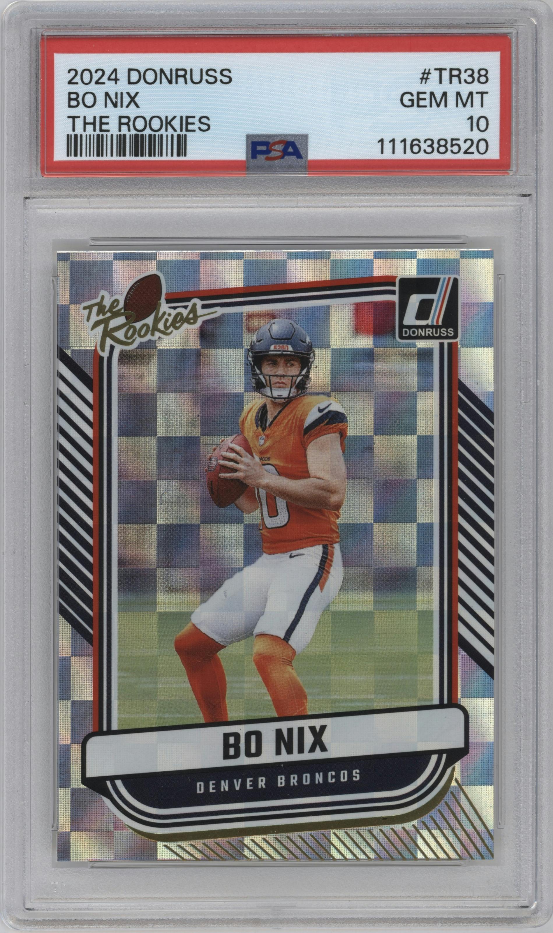 Bo Nix from the 2024 Donruss set graded by PSA and given an overall grade of 10.