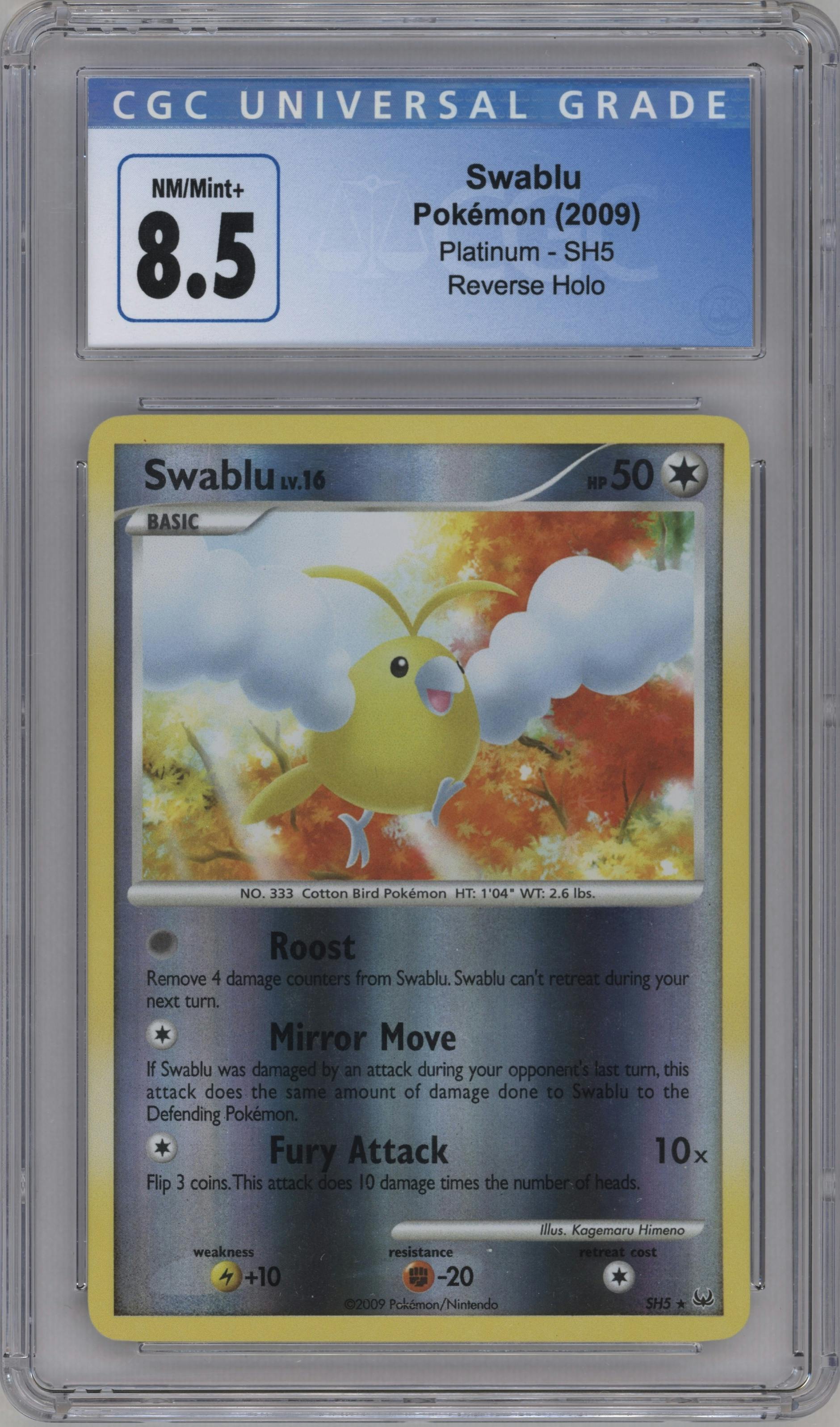 Swablu from the 2009 Pokemon Platinum set graded by CSG and given an overall grade of 8.5.