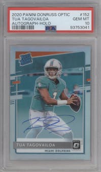 Tua Tagovailoa from the 2020 Panini Donruss Optic set featuring a Holo parallel graded by PSA and given an overall grade of 10.