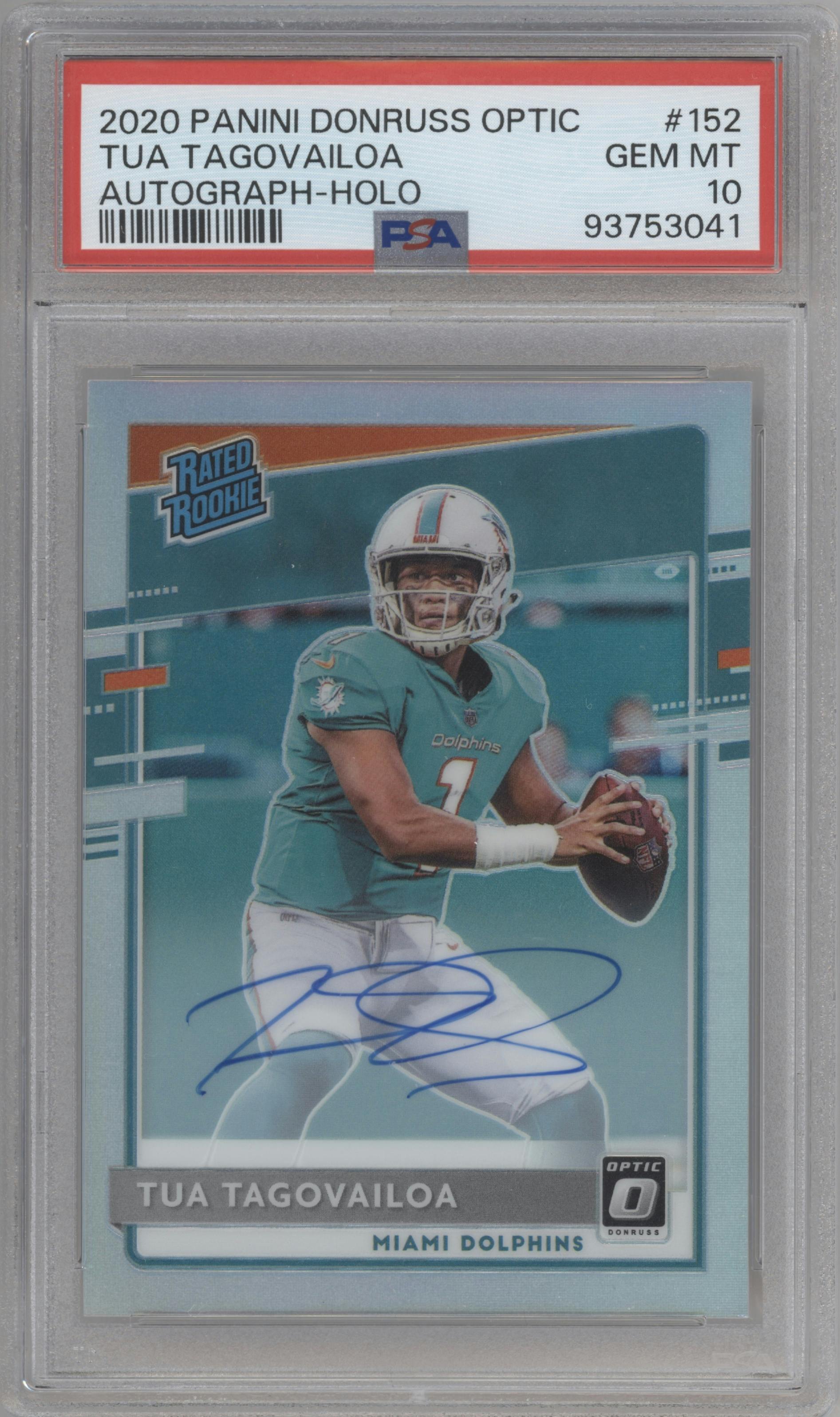 Tua Tagovailoa from the 2020 Panini Donruss Optic set featuring a Holo parallel graded by PSA and given an overall grade of 10.