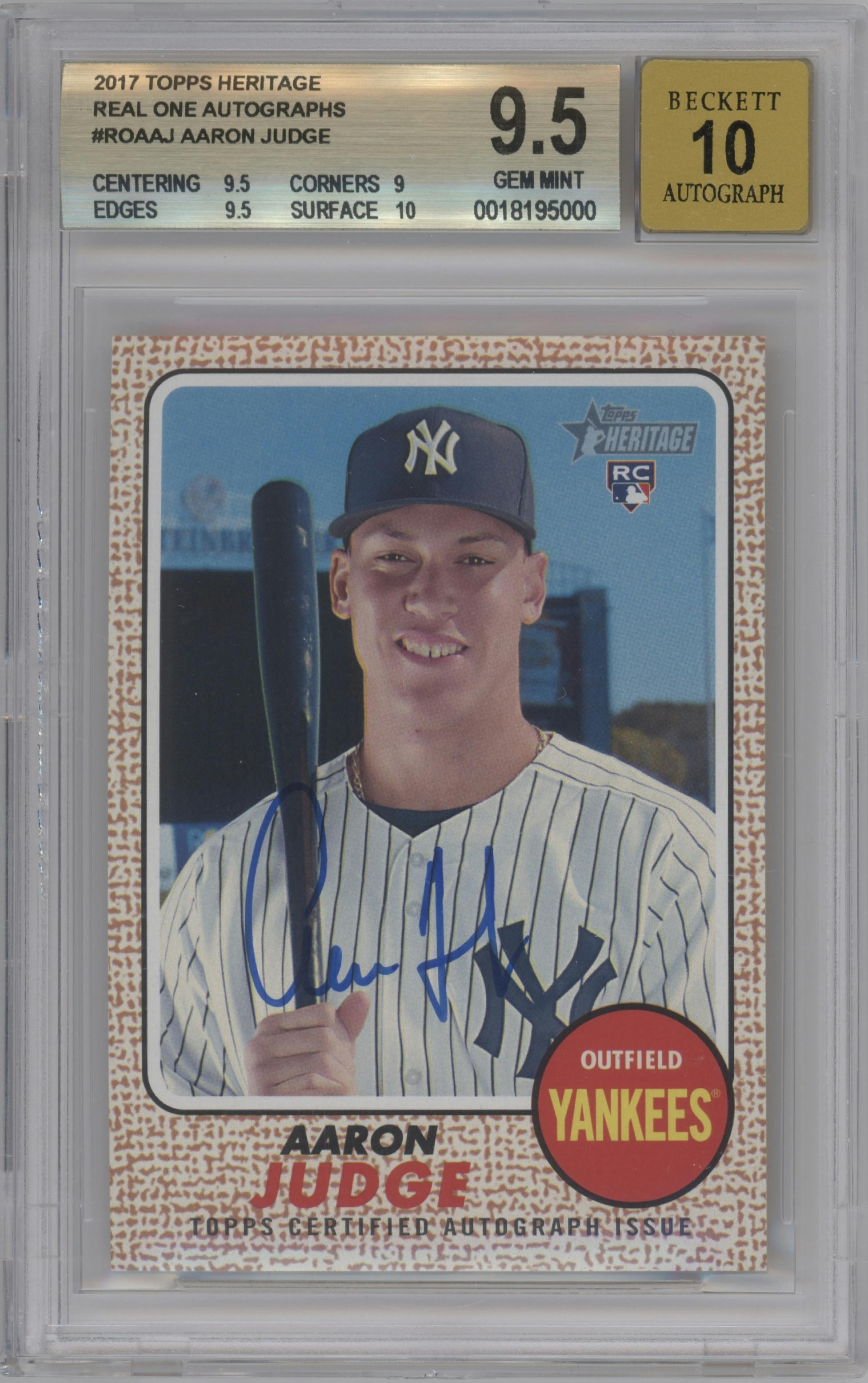 Aaron Judge from the 2017 Topps Heritage set graded by Beckett and given an overall grade of 9.5.