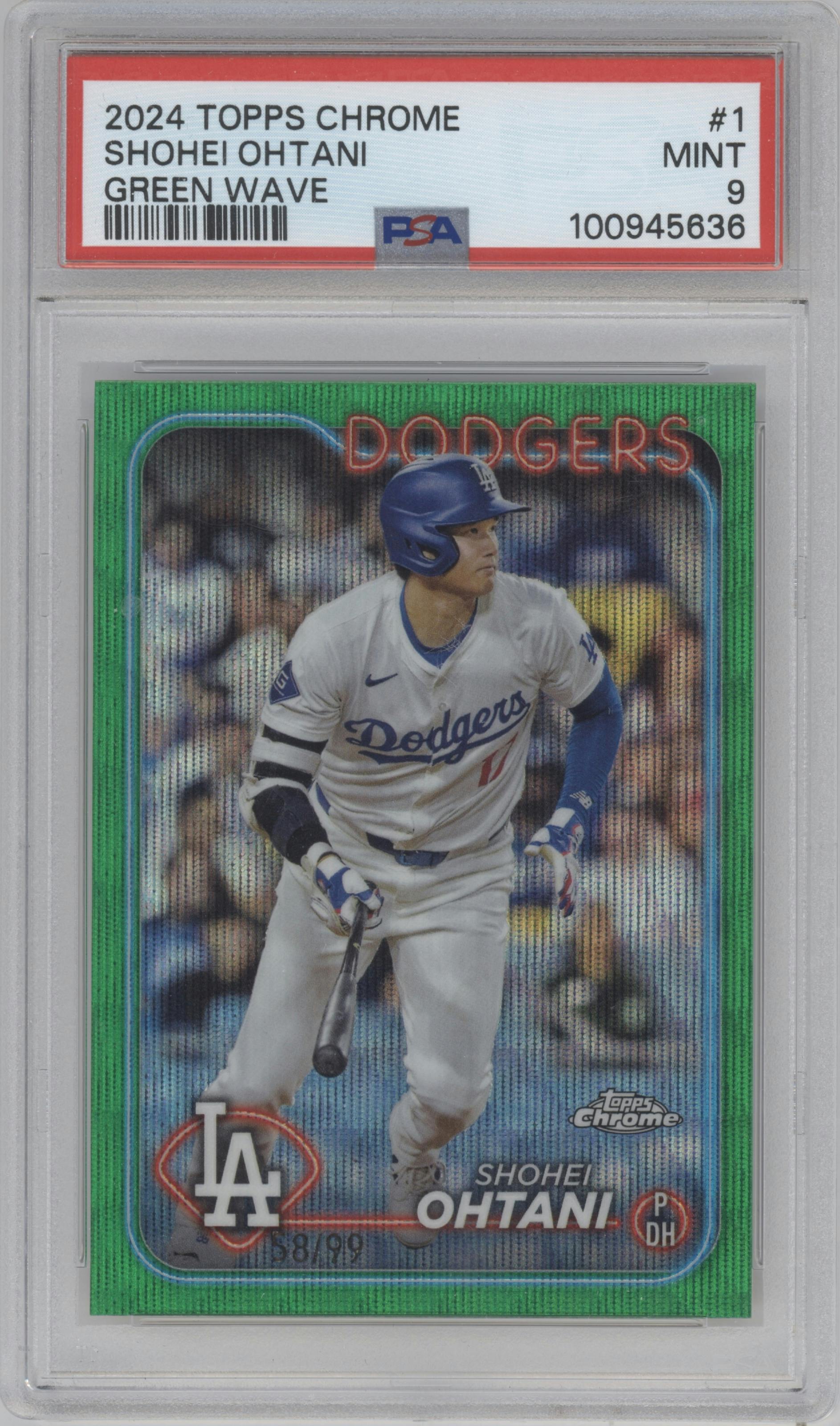 Shohei Ohtani from the 2024 Topps Chrome set featuring a Green Wave Refractor parallel graded by PSA and given an overall grade of 9.