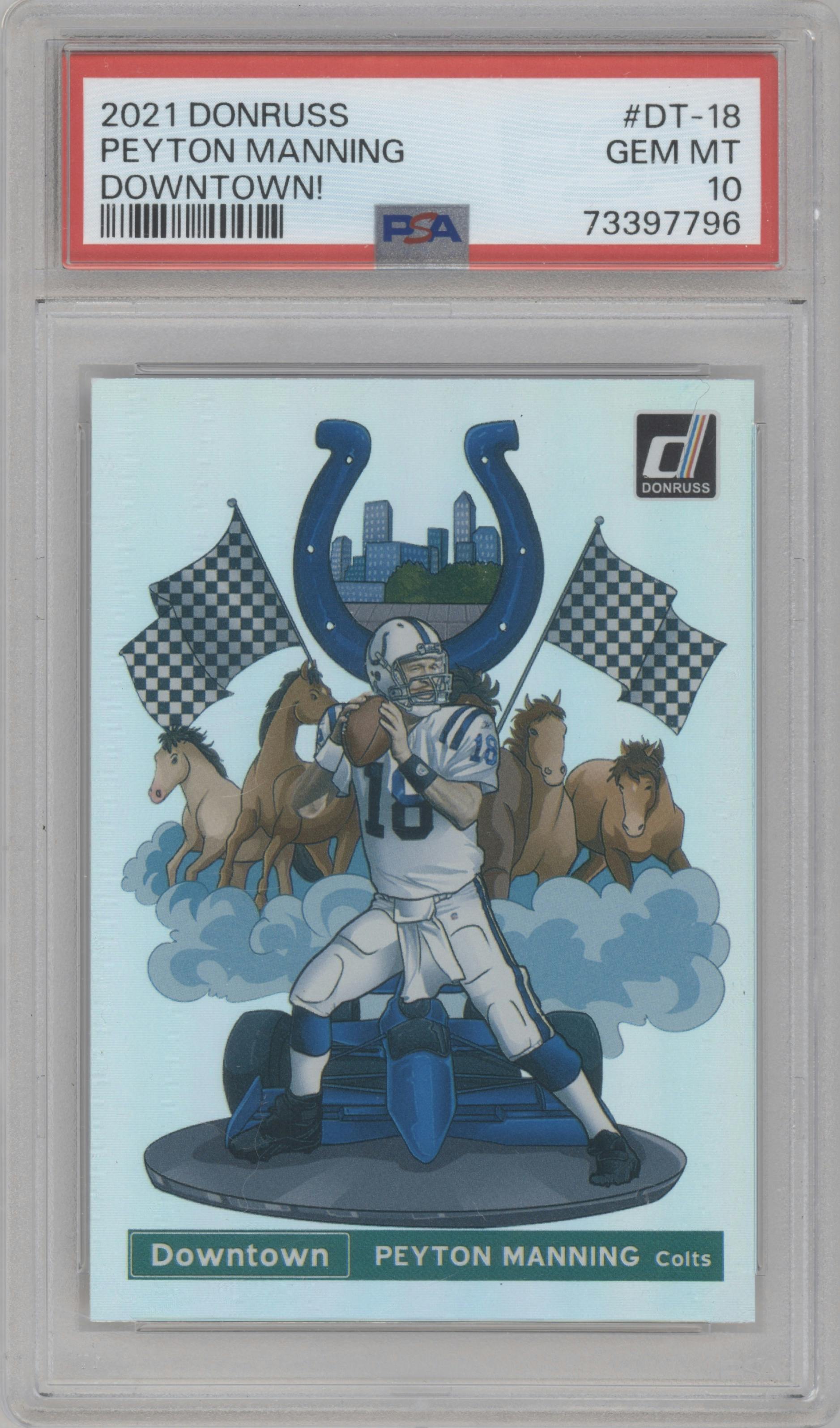 Peyton Manning  from the 2021 Panini Donruss set graded by PSA and given an overall grade of 10.