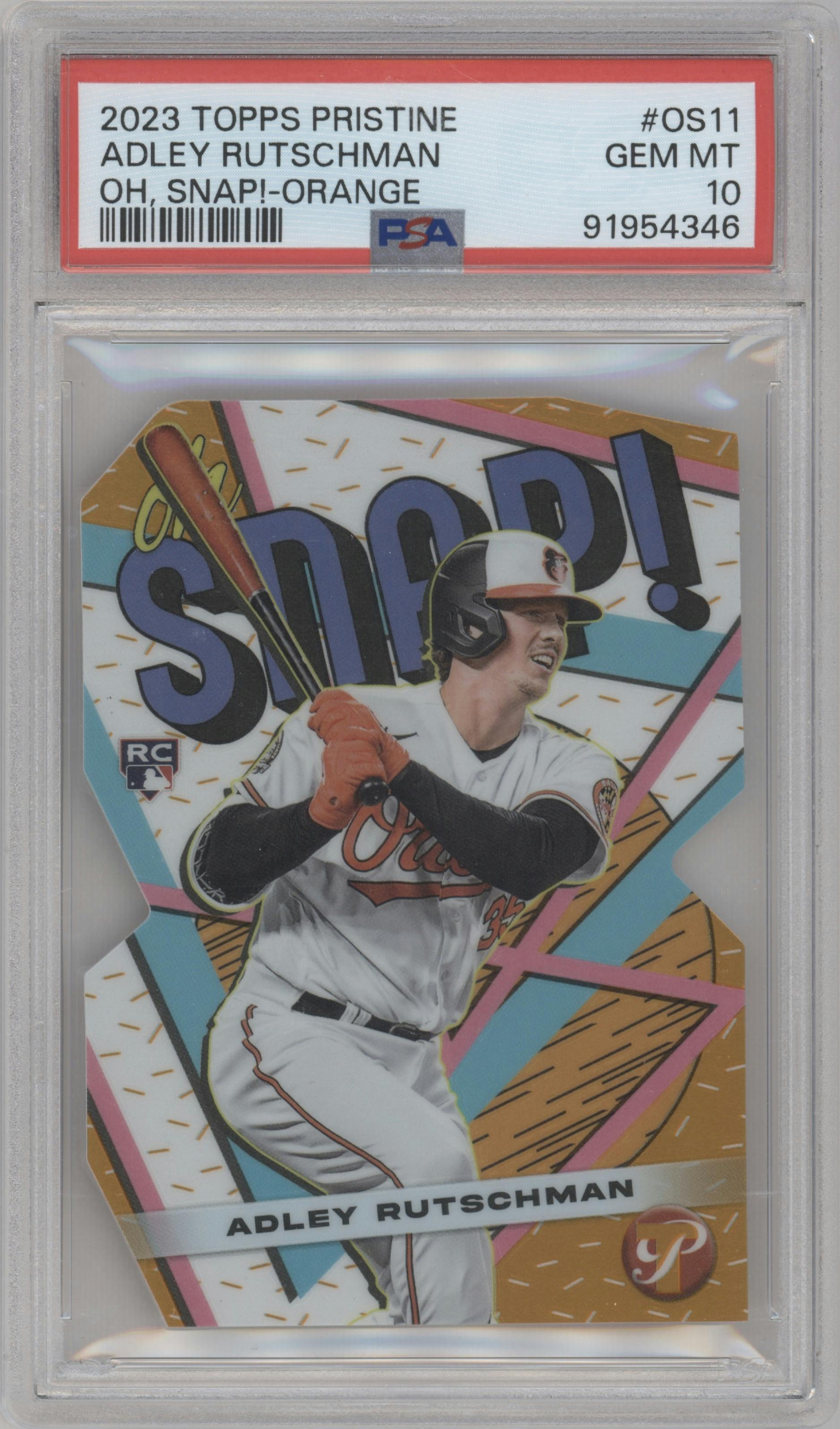 Adley Rutschman from the 2023 Topps Pristine set featuring a Orange parallel graded by PSA and given an overall grade of 10.