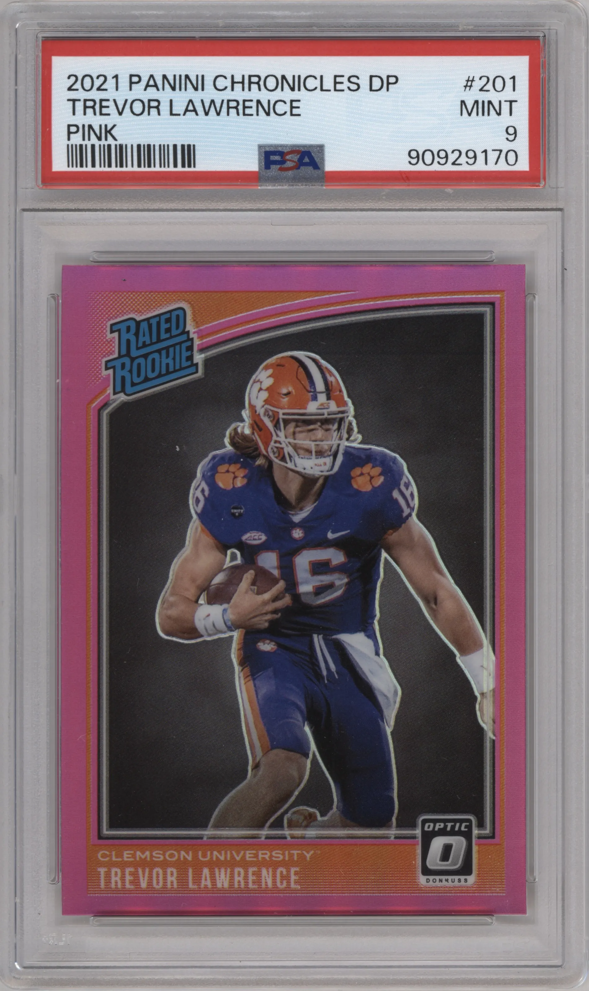 Trevor Lawrence from the 2021 Panini Chronicles Draft Picks set featuring a Pink parallel graded by PSA and given an overall grade of 9.