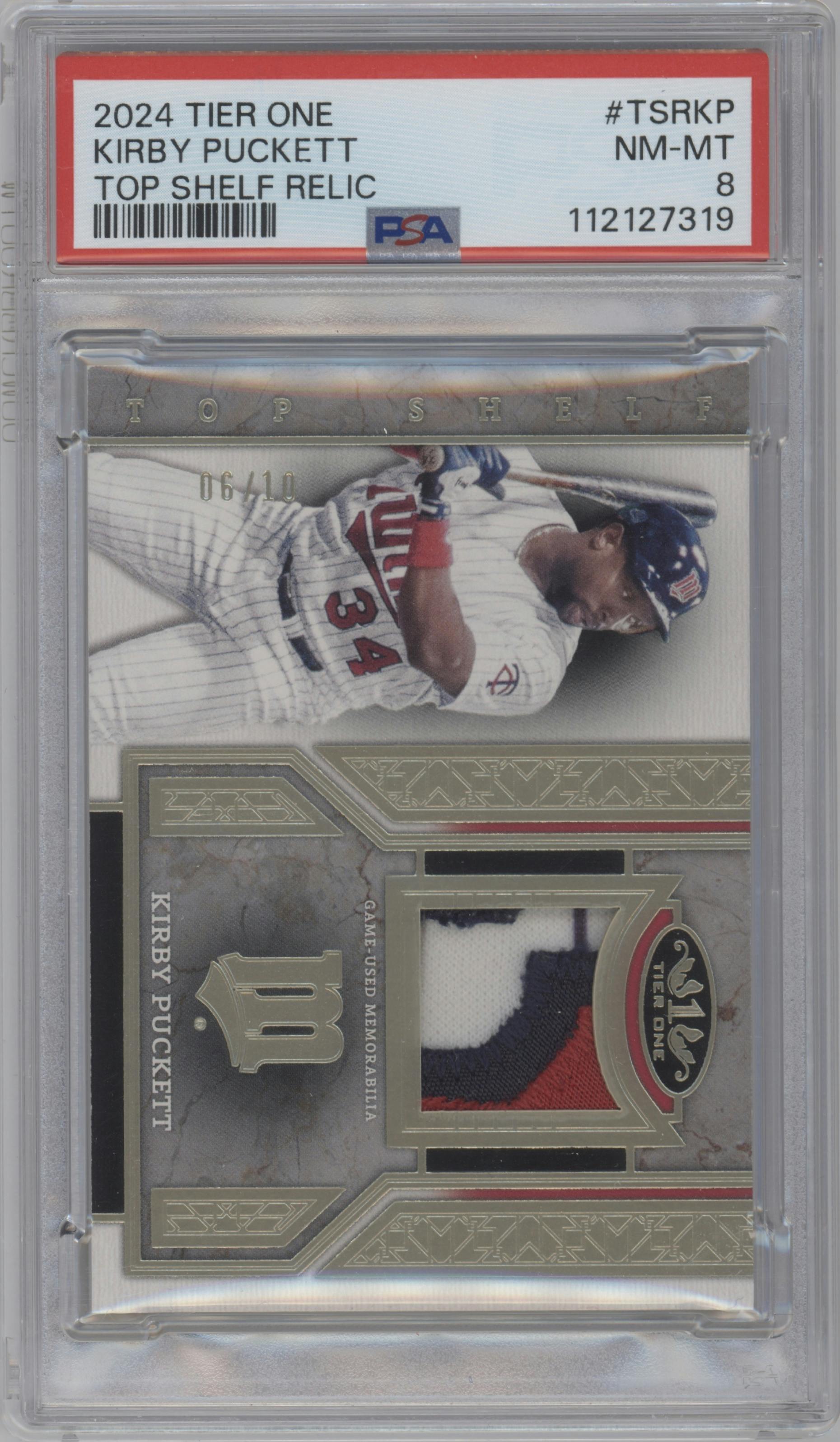 Kirby Puckett from the 2024 Topps Tier One  set graded by PSA and given an overall grade of 8.